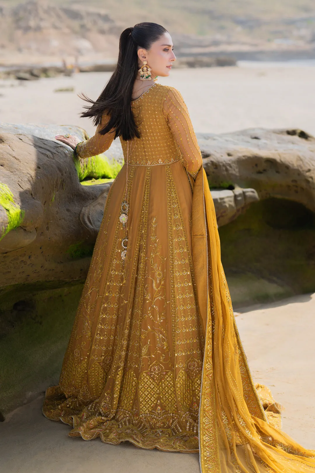 Mustard Heavily Embellished Floor Length Pishwas Pakistani Wedding Dress