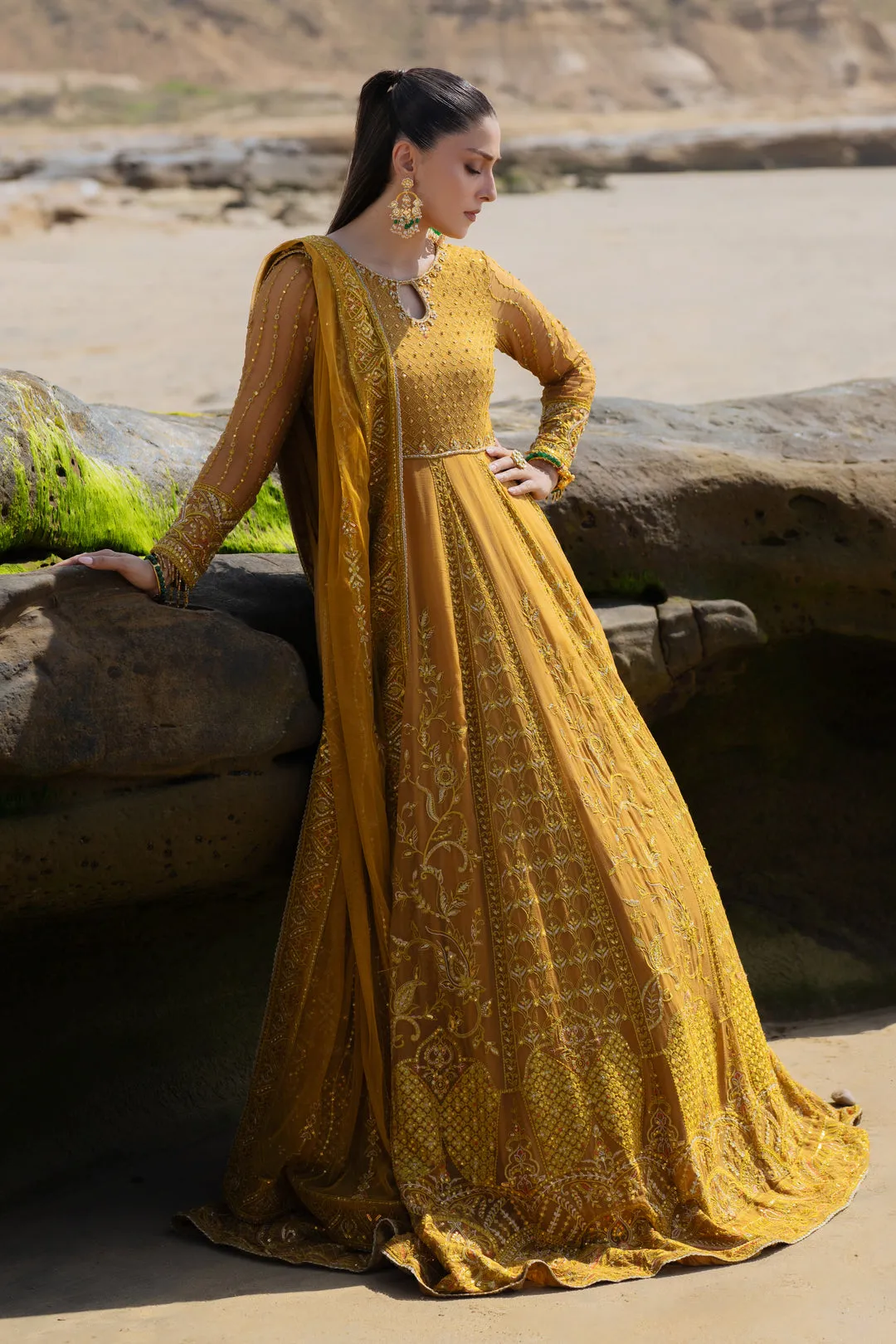 Mustard Heavily Embellished Floor Length Pishwas Pakistani Wedding Dress
