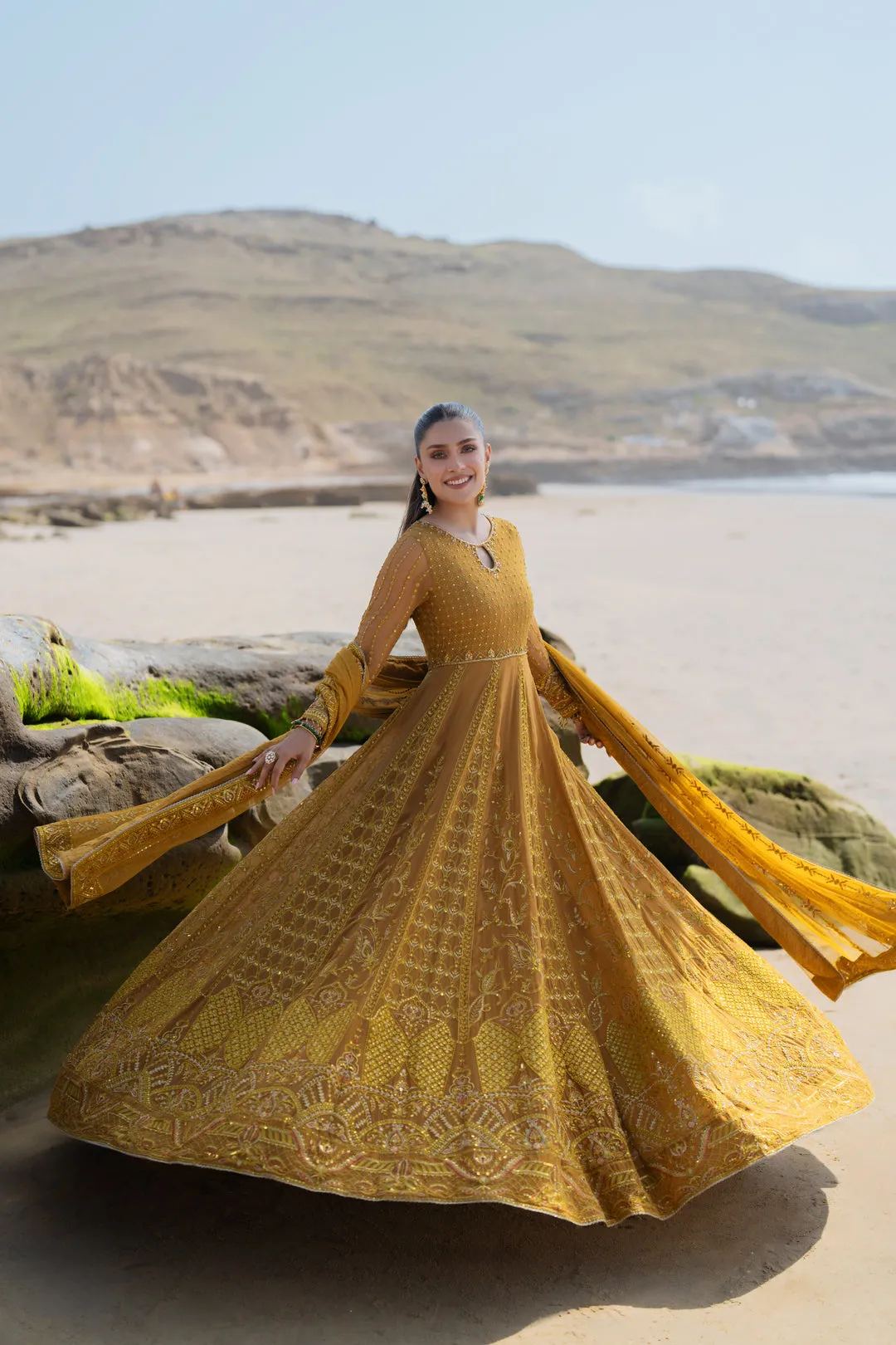 Mustard Heavily Embellished Floor Length Pishwas Pakistani Wedding Dress