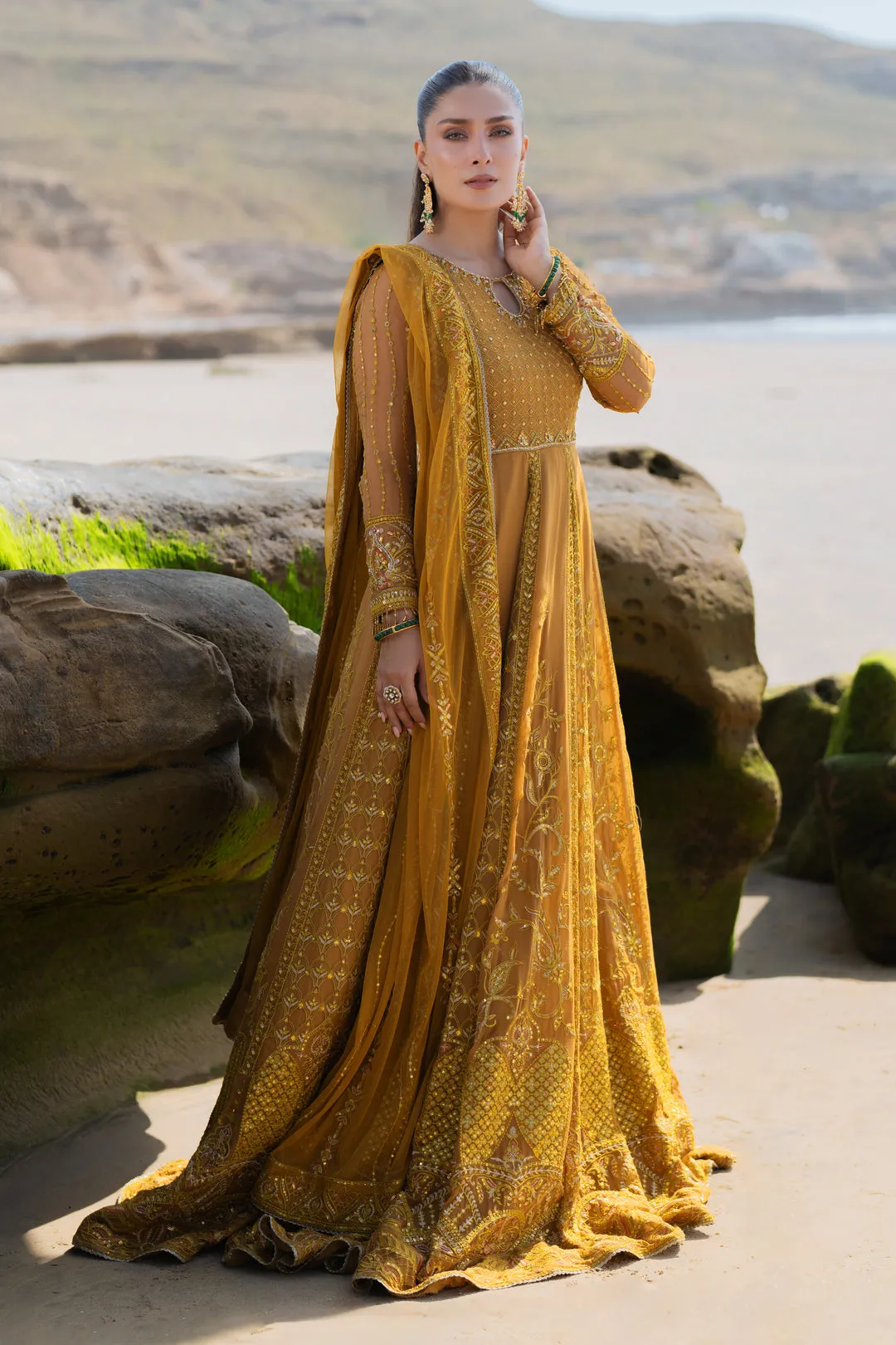 Mustard Heavily Embellished Floor Length Pishwas Pakistani Wedding Dress