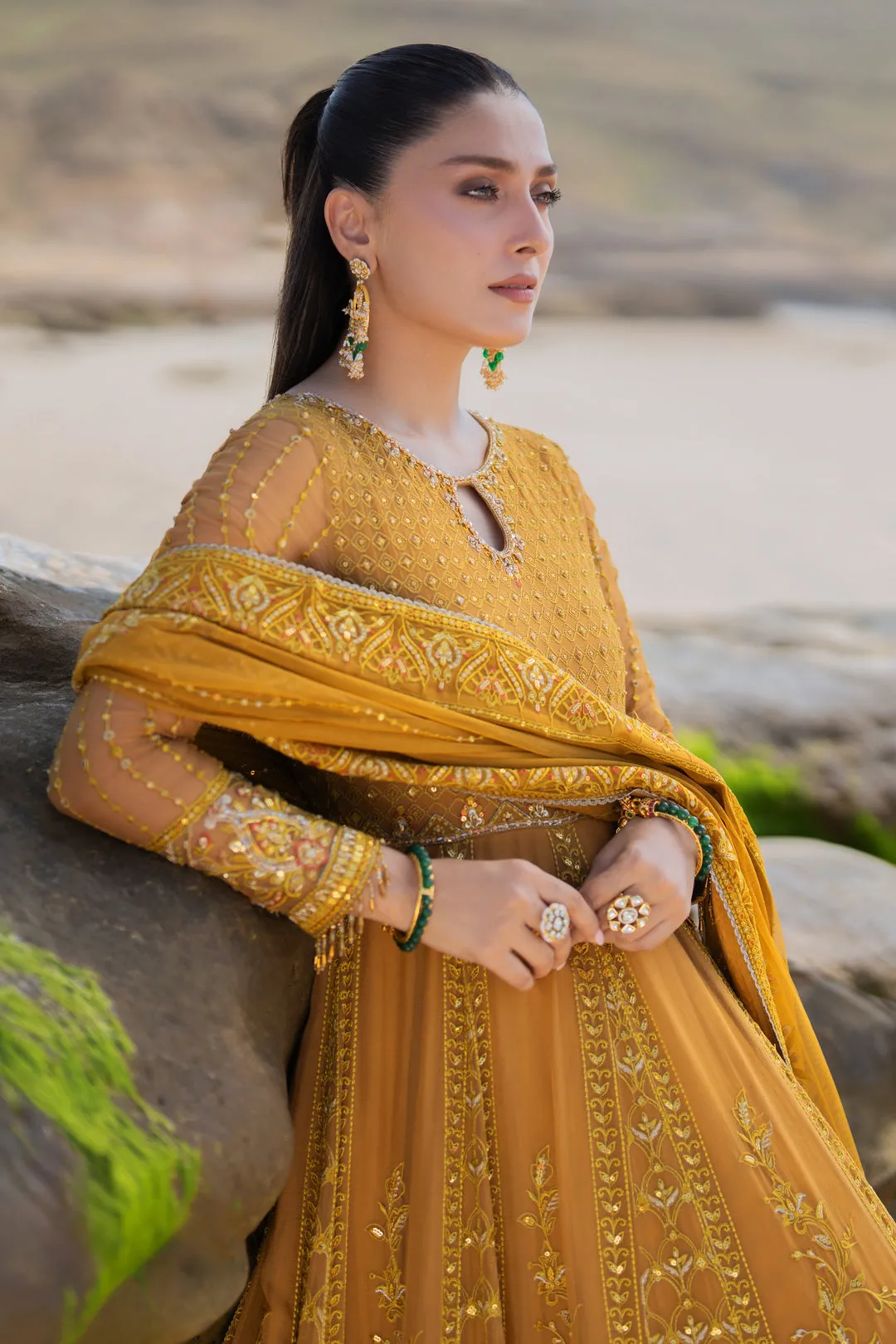 Mustard Heavily Embellished Floor Length Pishwas Pakistani Wedding Dress