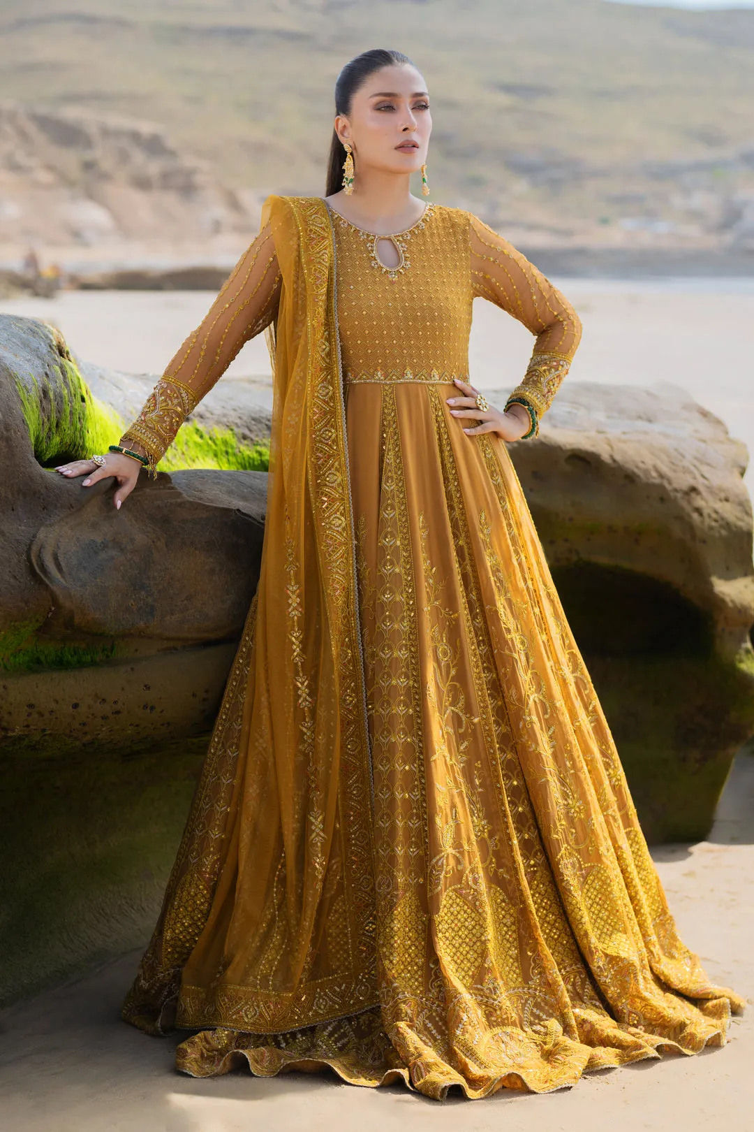 Mustard Heavily Embellished Floor Length Pishwas Pakistani Wedding Dress