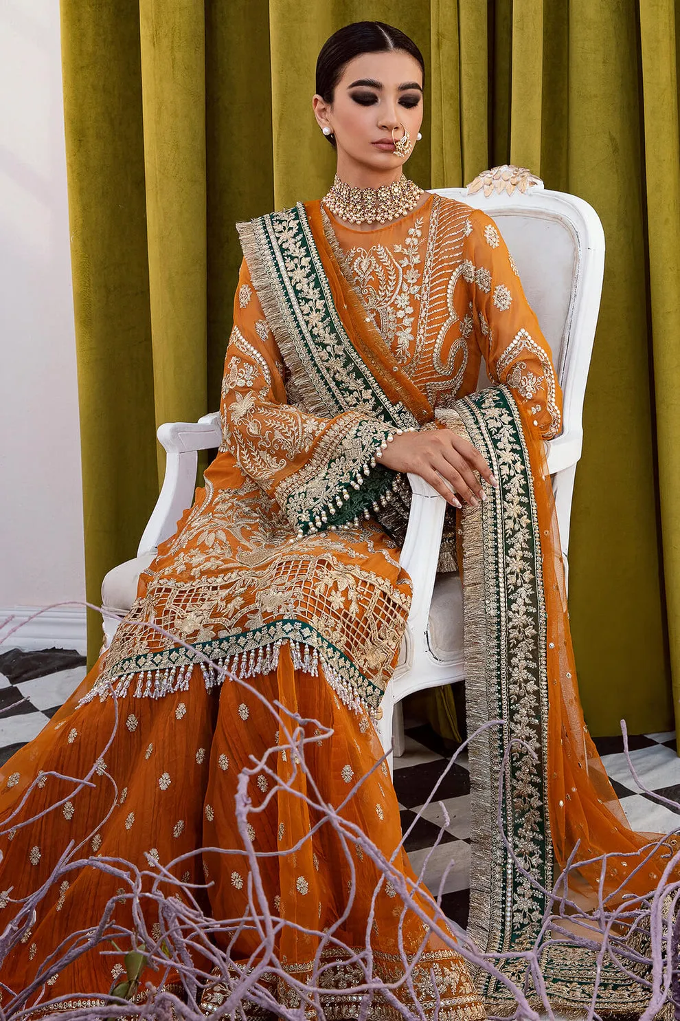 Mustard Heavily Embellished Pakistani Wedding Wear Kameez Sharara
