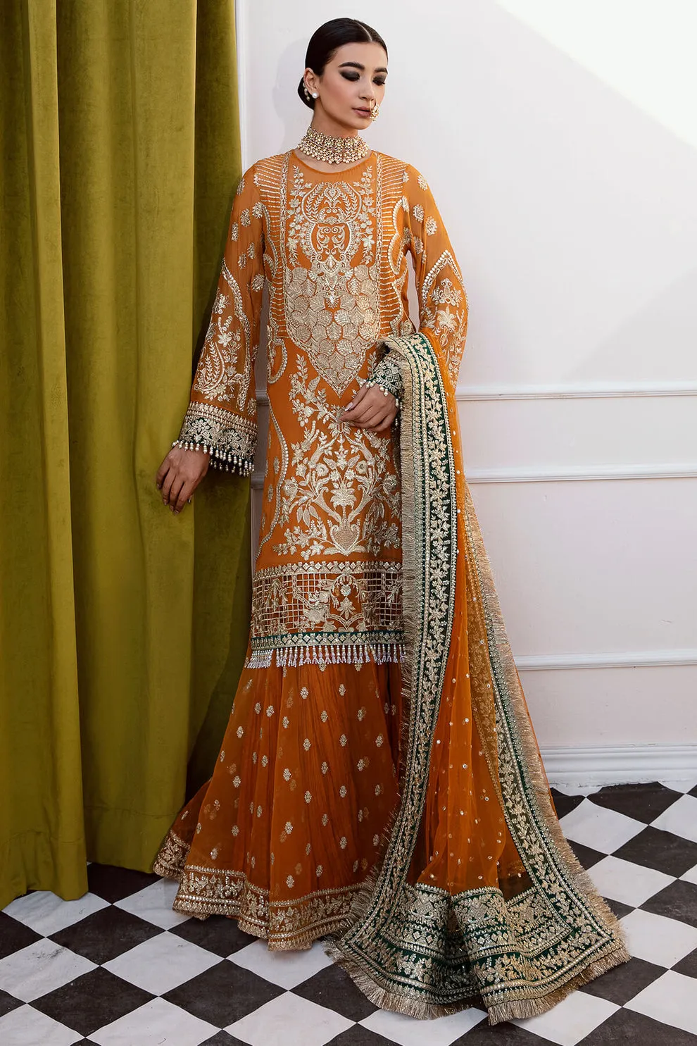 Mustard Heavily Embellished Pakistani Wedding Wear Kameez Sharara