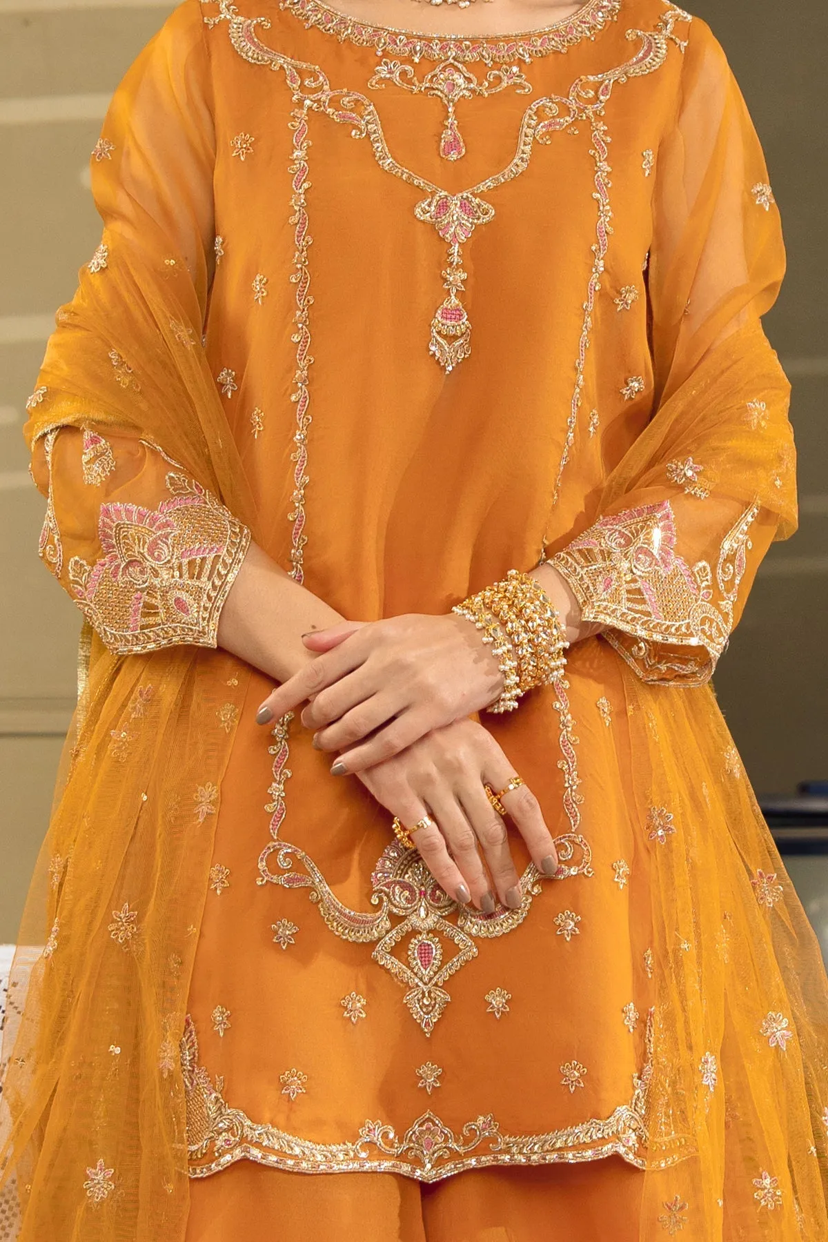 Mustard Orange Embroidered Pakistani Kameez Sharara Party Dress