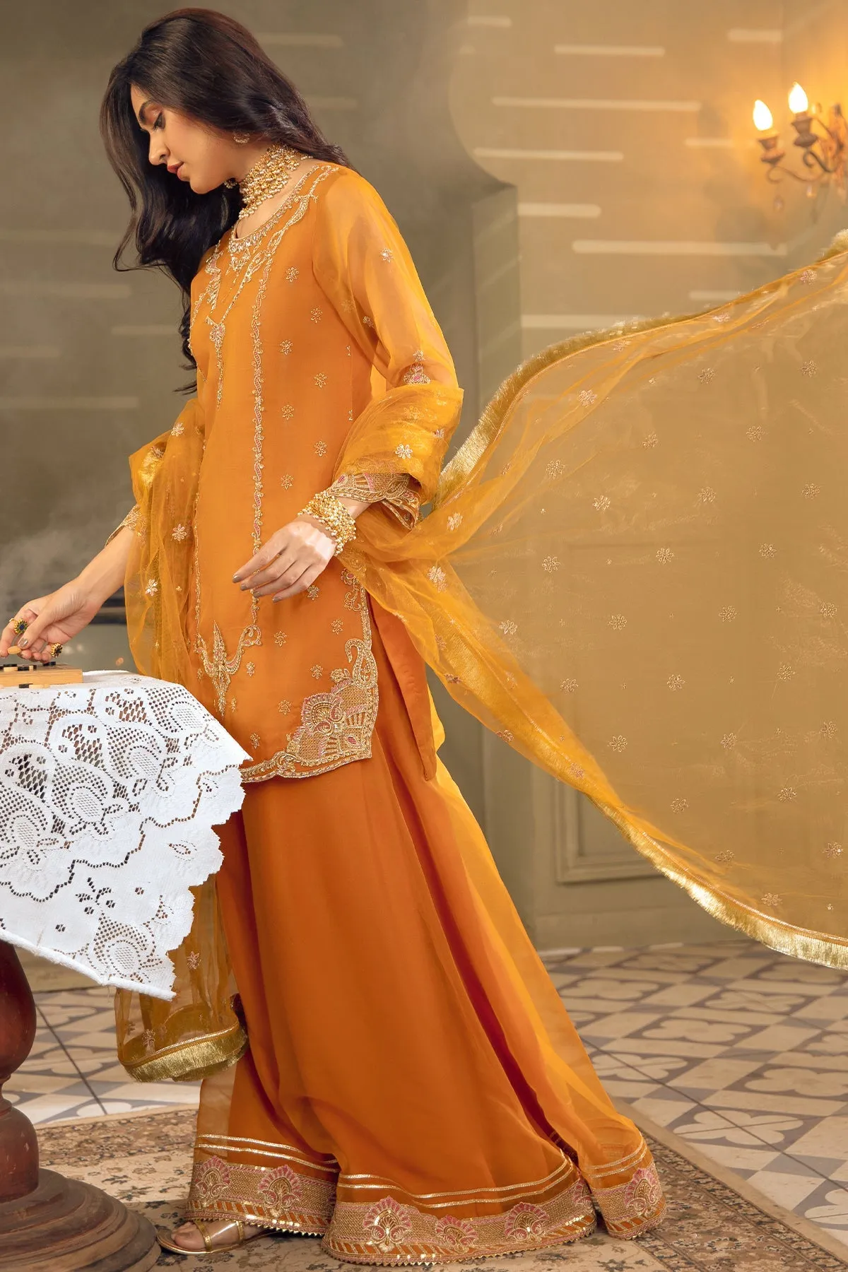 Mustard Orange Embroidered Pakistani Kameez Sharara Party Dress
