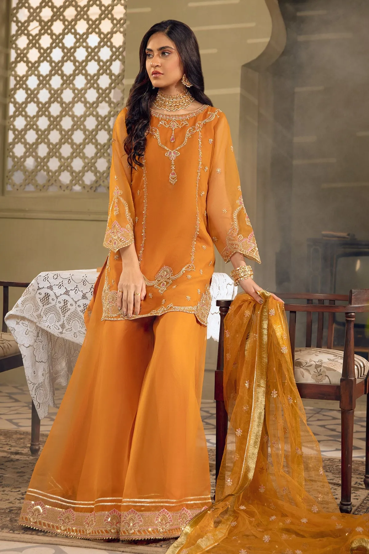 Mustard Orange Embroidered Pakistani Kameez Sharara Party Dress