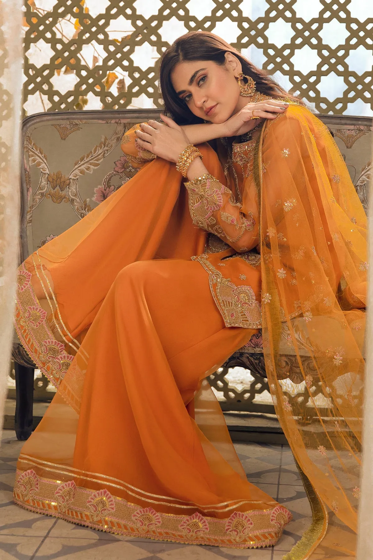 Mustard Orange Embroidered Pakistani Kameez Sharara Party Dress