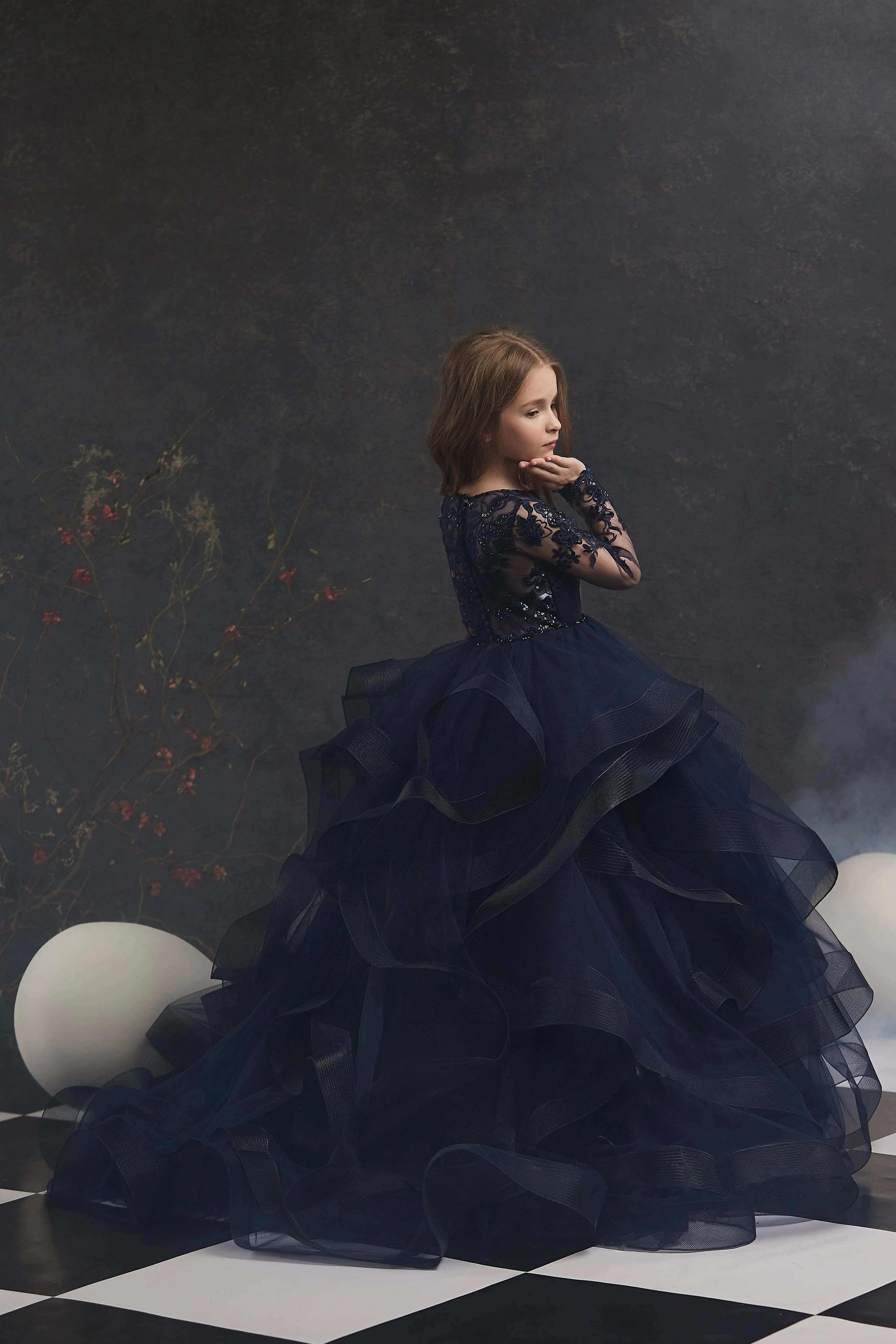 Navy Flower Girls Dress with Waterfall Skirt