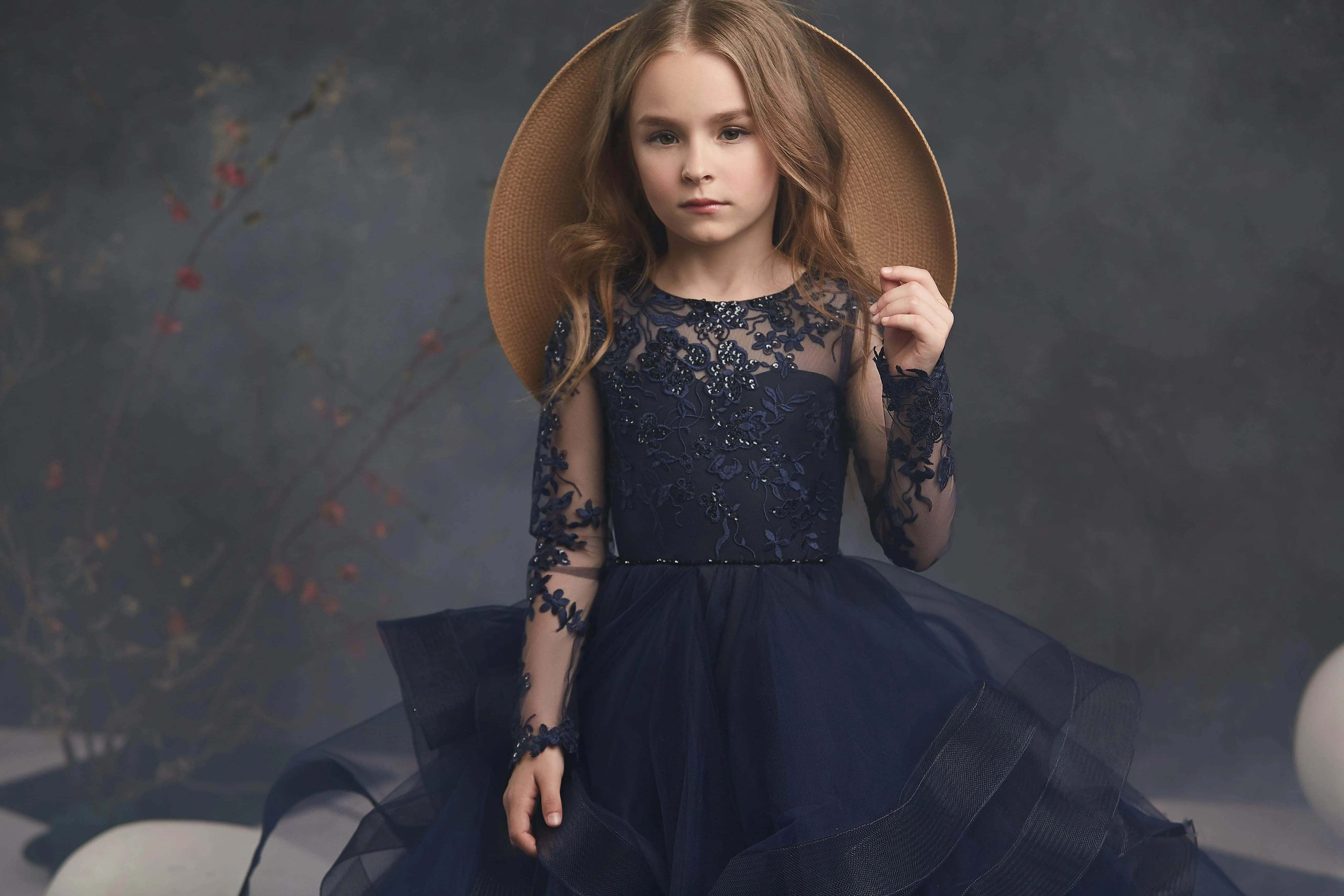 Navy Flower Girls Dress with Waterfall Skirt