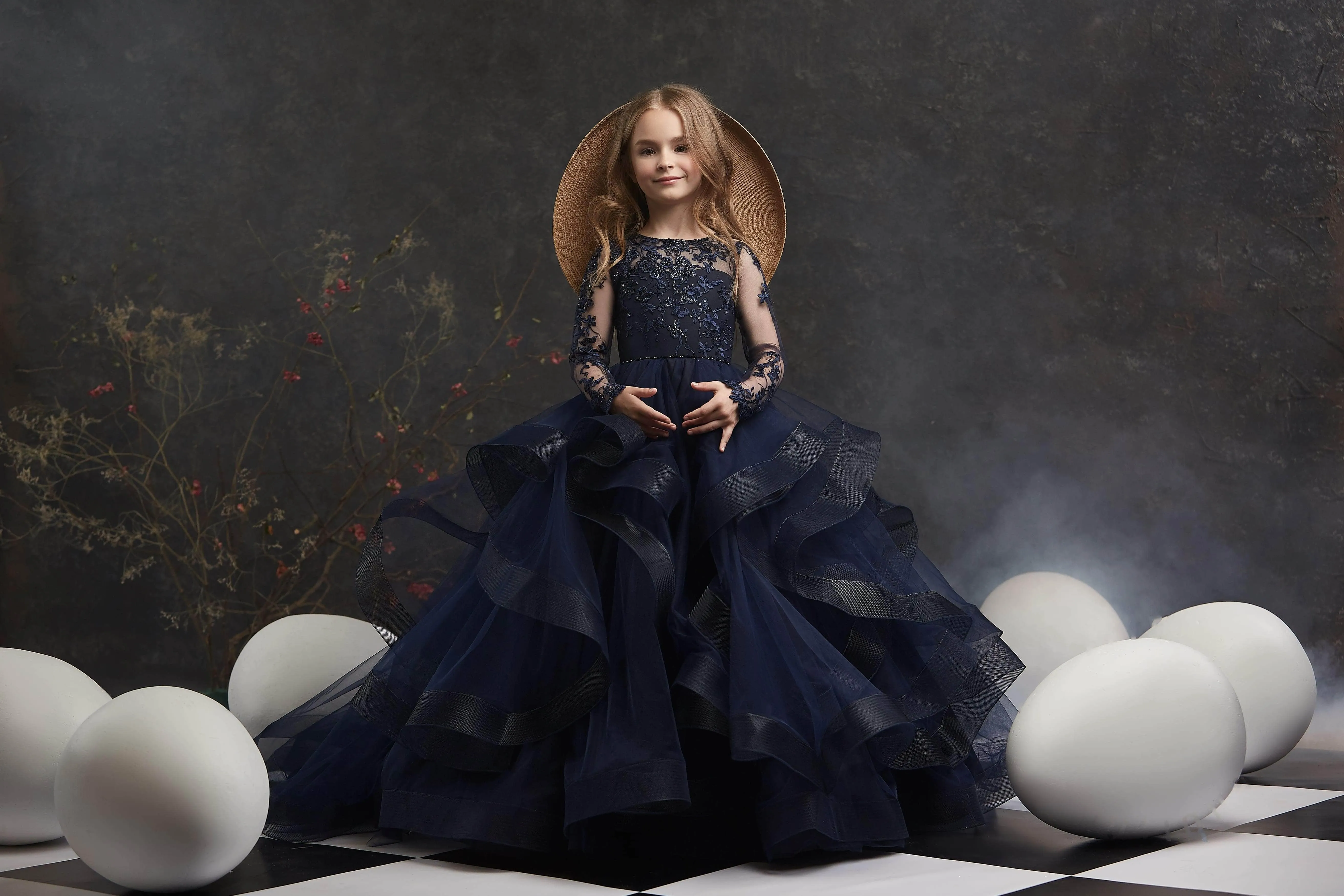 Navy Flower Girls Dress with Waterfall Skirt