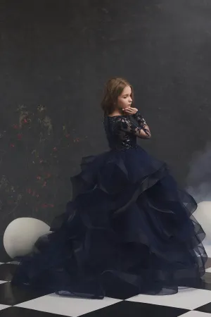 Navy Flower Girls Dress with Waterfall Skirt