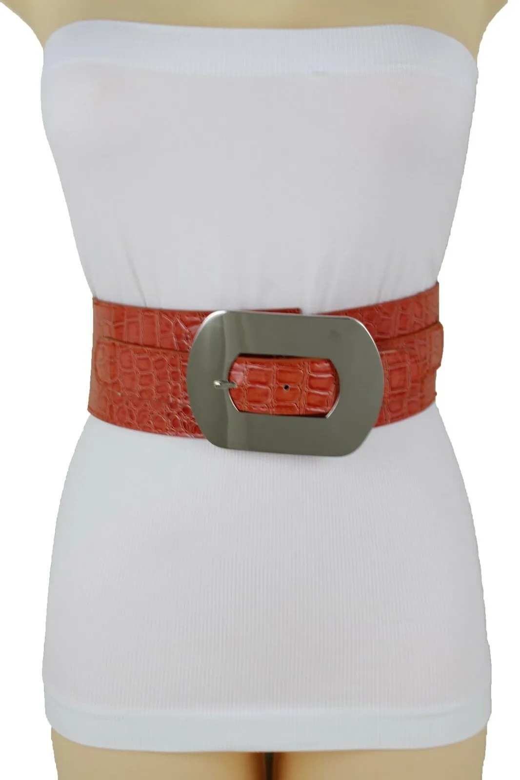 New Hot Women Orange Wide Elastic Belt High Waist Hip Silver Metal Oval Buckle XS S