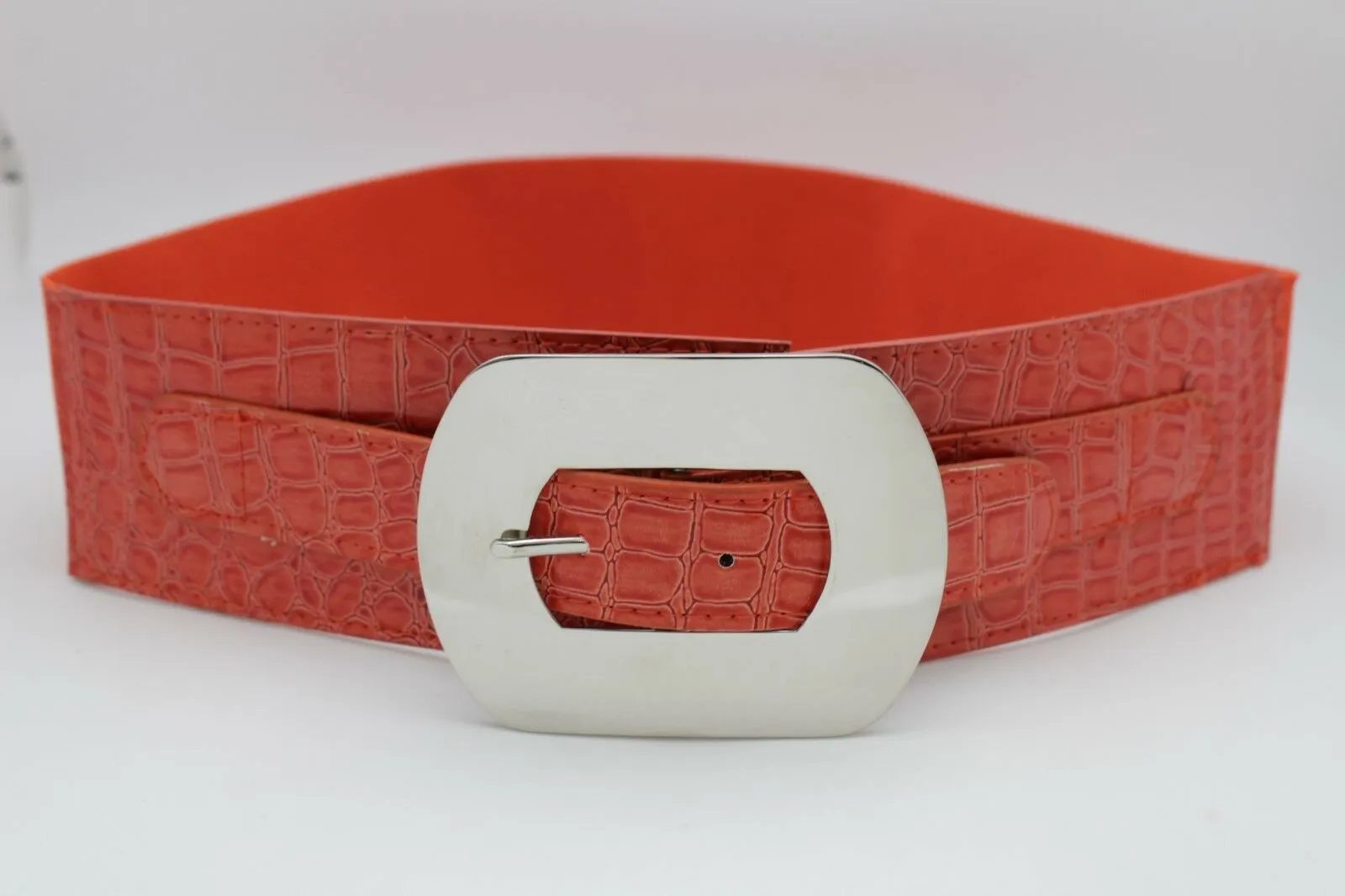 New Hot Women Orange Wide Elastic Belt High Waist Hip Silver Metal Oval Buckle XS S