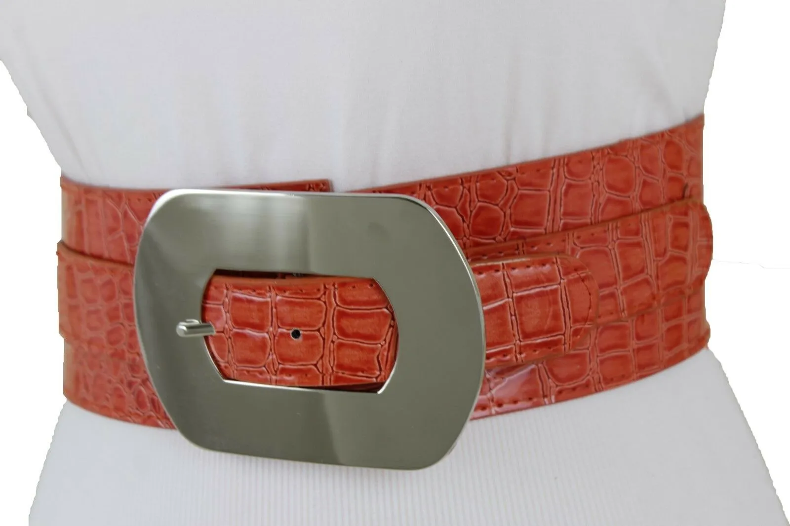 New Hot Women Orange Wide Elastic Belt High Waist Hip Silver Metal Oval Buckle XS S