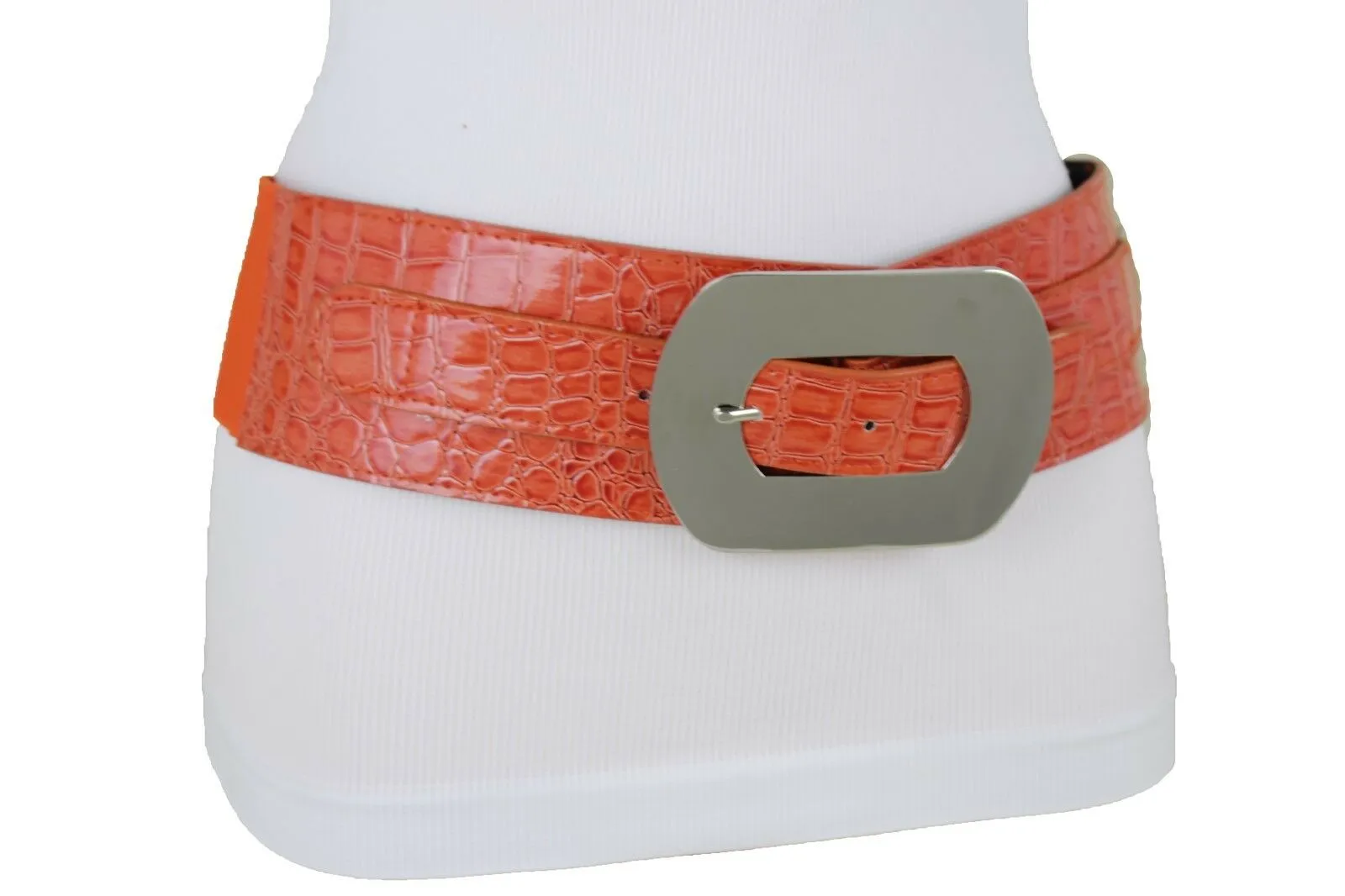 New Hot Women Orange Wide Elastic Belt High Waist Hip Silver Metal Oval Buckle XS S