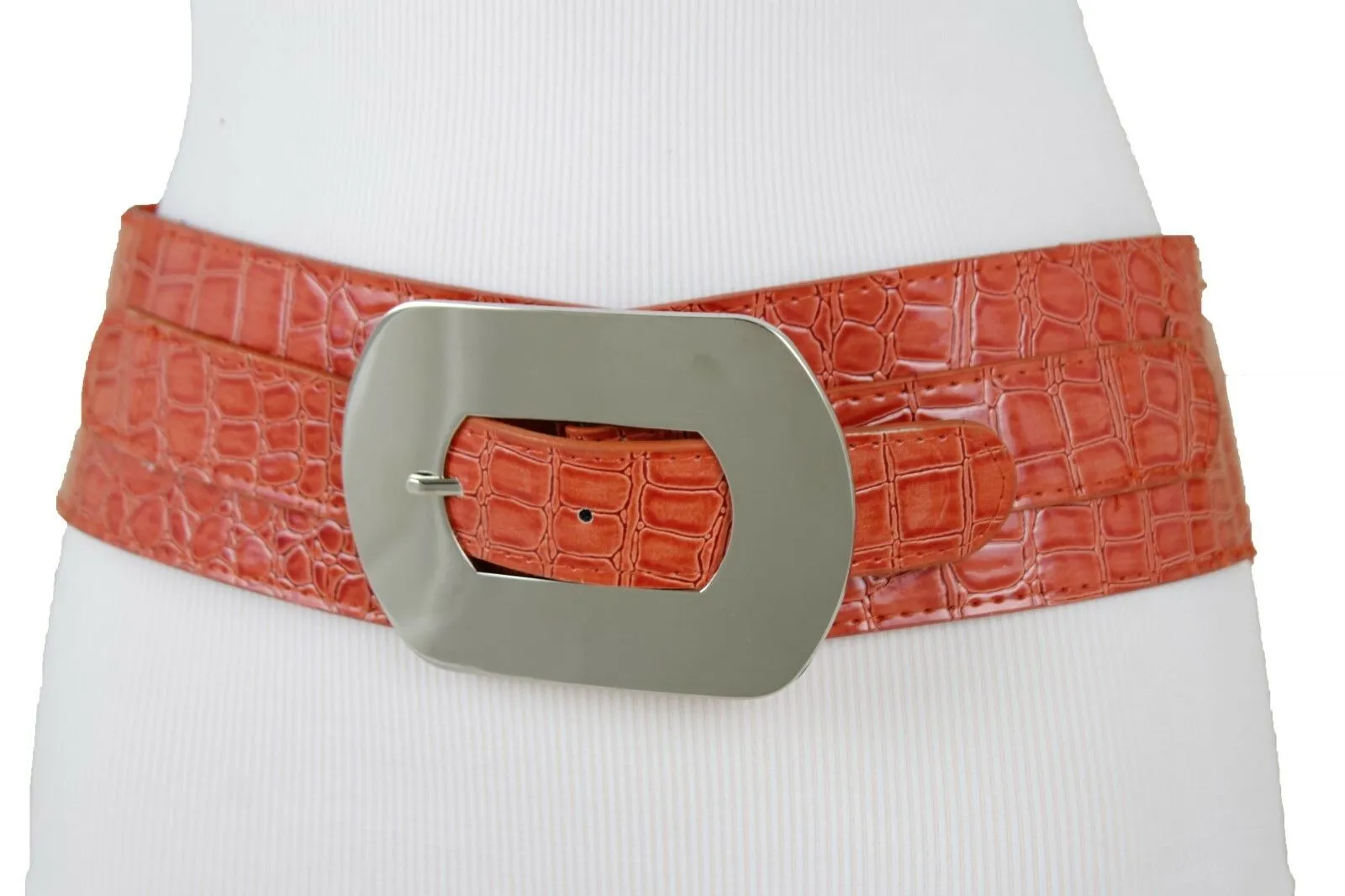 New Hot Women Orange Wide Elastic Belt High Waist Hip Silver Metal Oval Buckle XS S