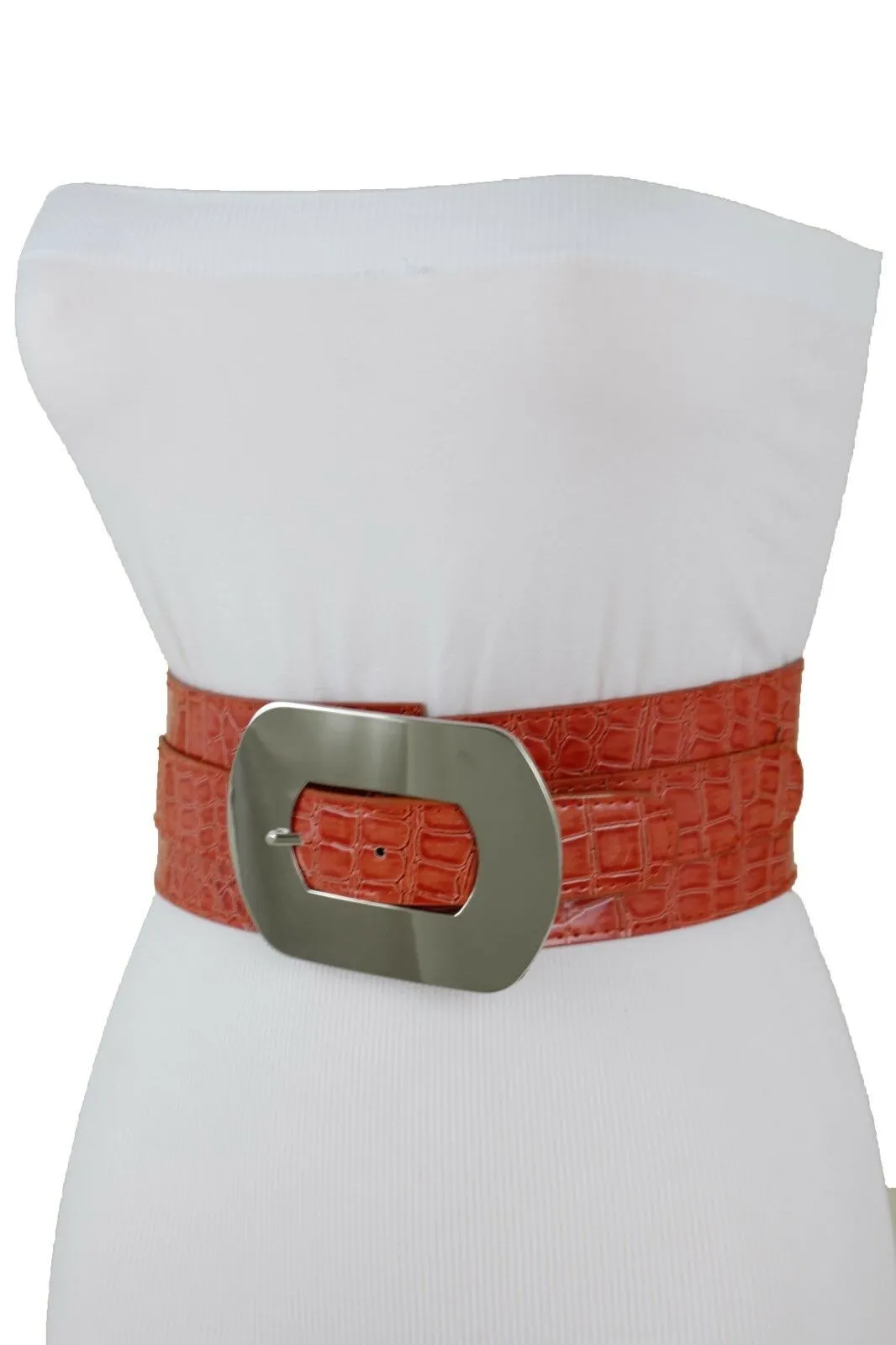 New Hot Women Orange Wide Elastic Belt High Waist Hip Silver Metal Oval Buckle XS S