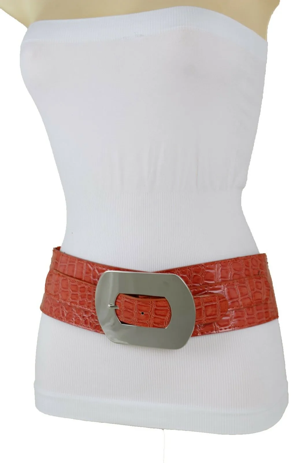New Hot Women Orange Wide Elastic Belt High Waist Hip Silver Metal Oval Buckle XS S