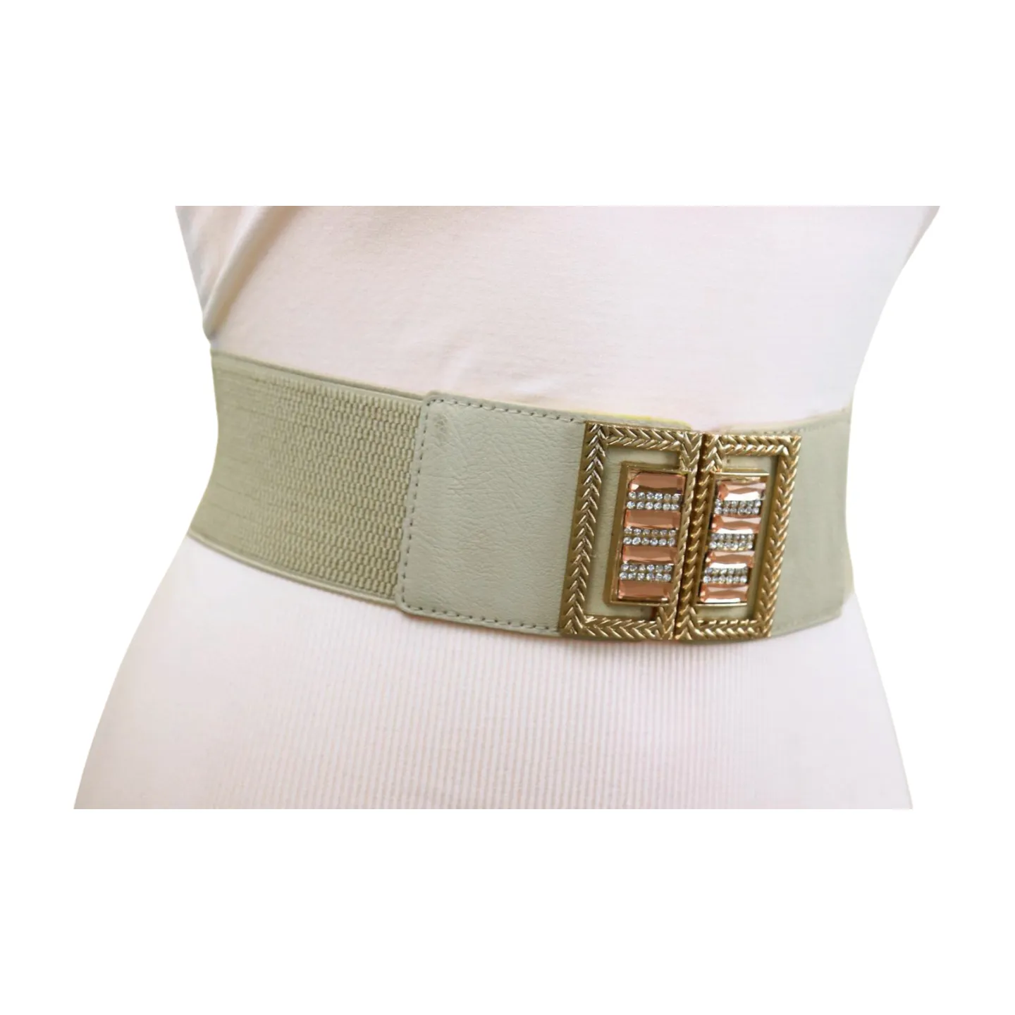 New Women Ivory Cream Elastic Fashion Belt Gold Bling Square Buckle S M