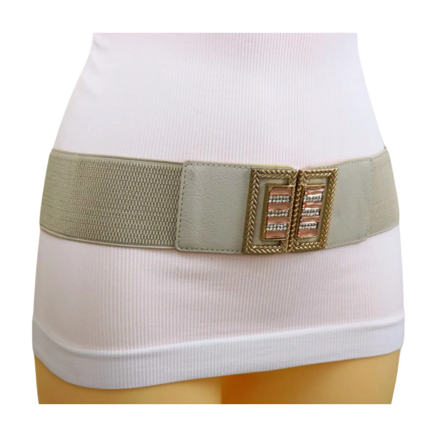 New Women Ivory Cream Elastic Fashion Belt Gold Bling Square Buckle S M