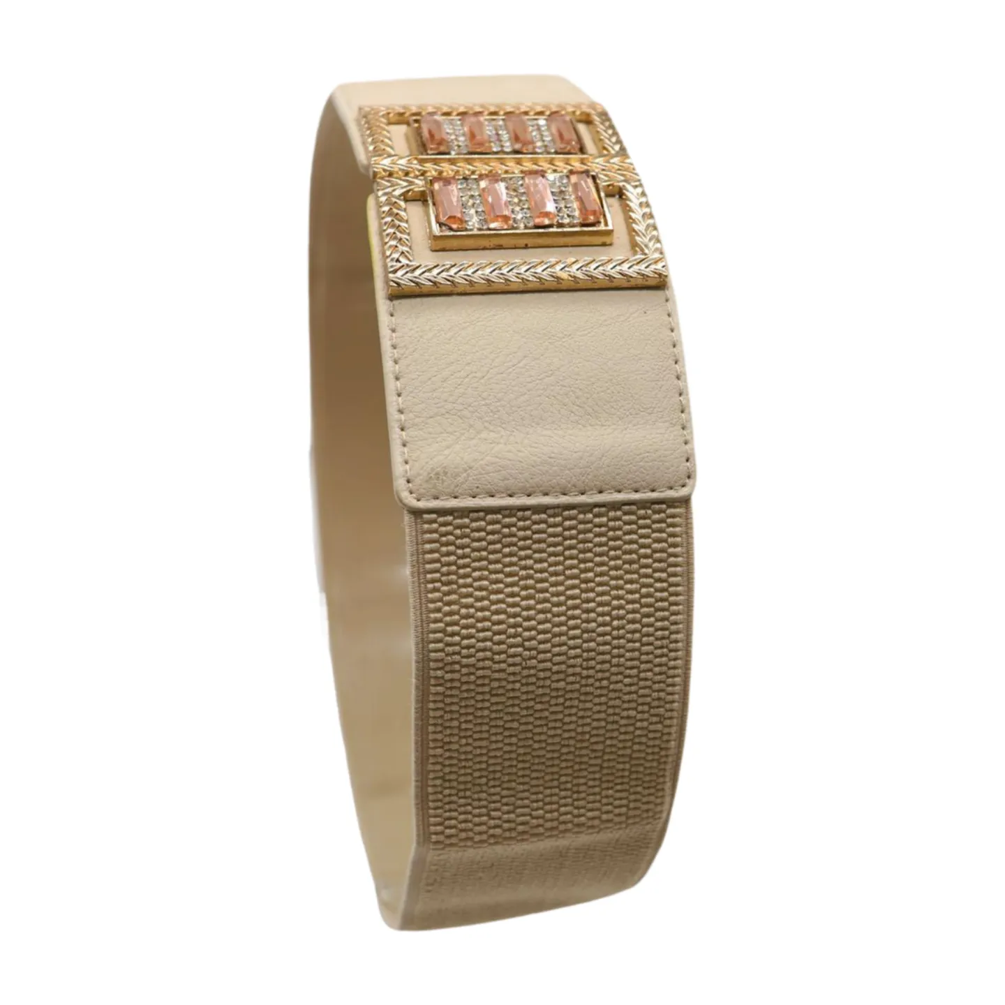 New Women Ivory Cream Elastic Fashion Belt Gold Bling Square Buckle S M