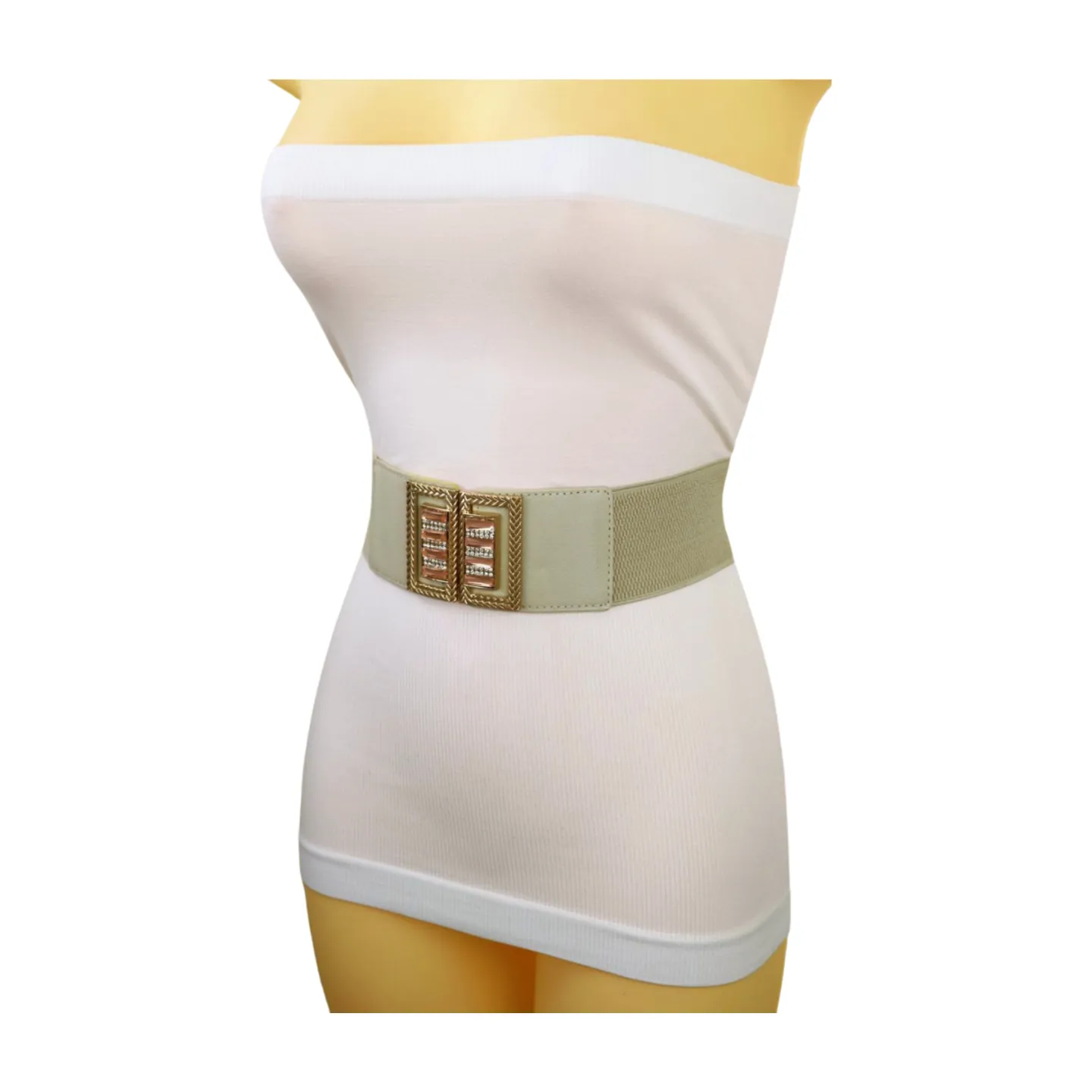 New Women Ivory Cream Elastic Fashion Belt Gold Bling Square Buckle S M