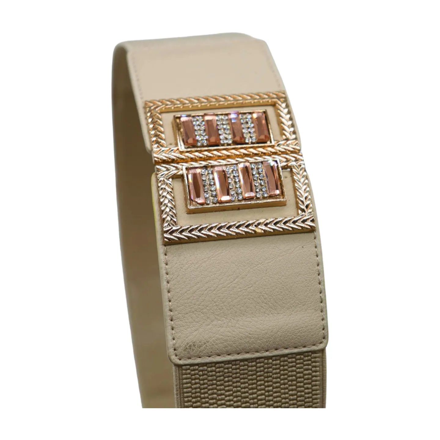 New Women Ivory Cream Elastic Fashion Belt Gold Bling Square Buckle S M