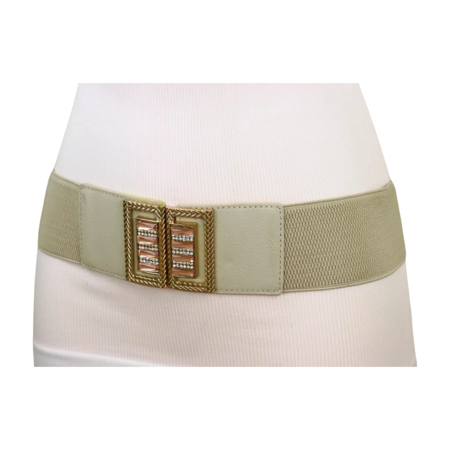 New Women Ivory Cream Elastic Fashion Belt Gold Bling Square Buckle S M
