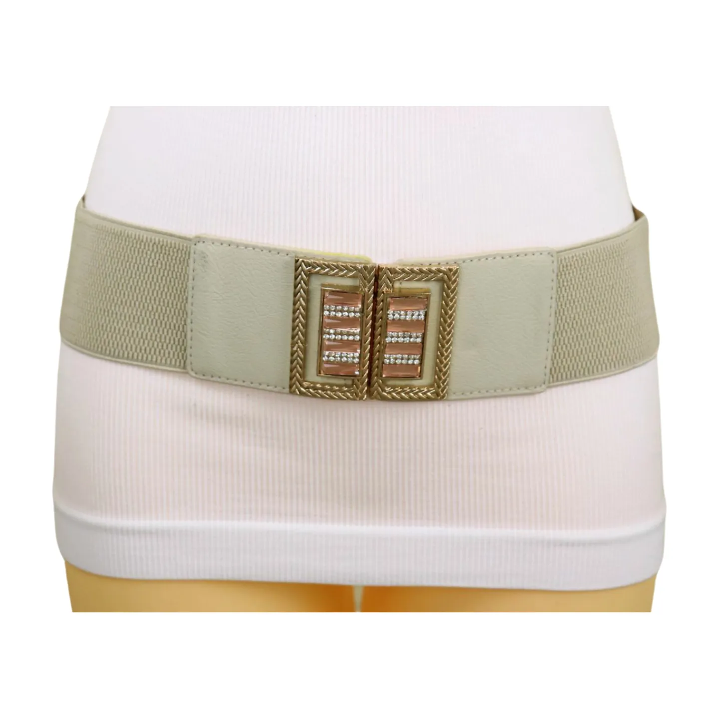 New Women Ivory Cream Elastic Fashion Belt Gold Bling Square Buckle S M