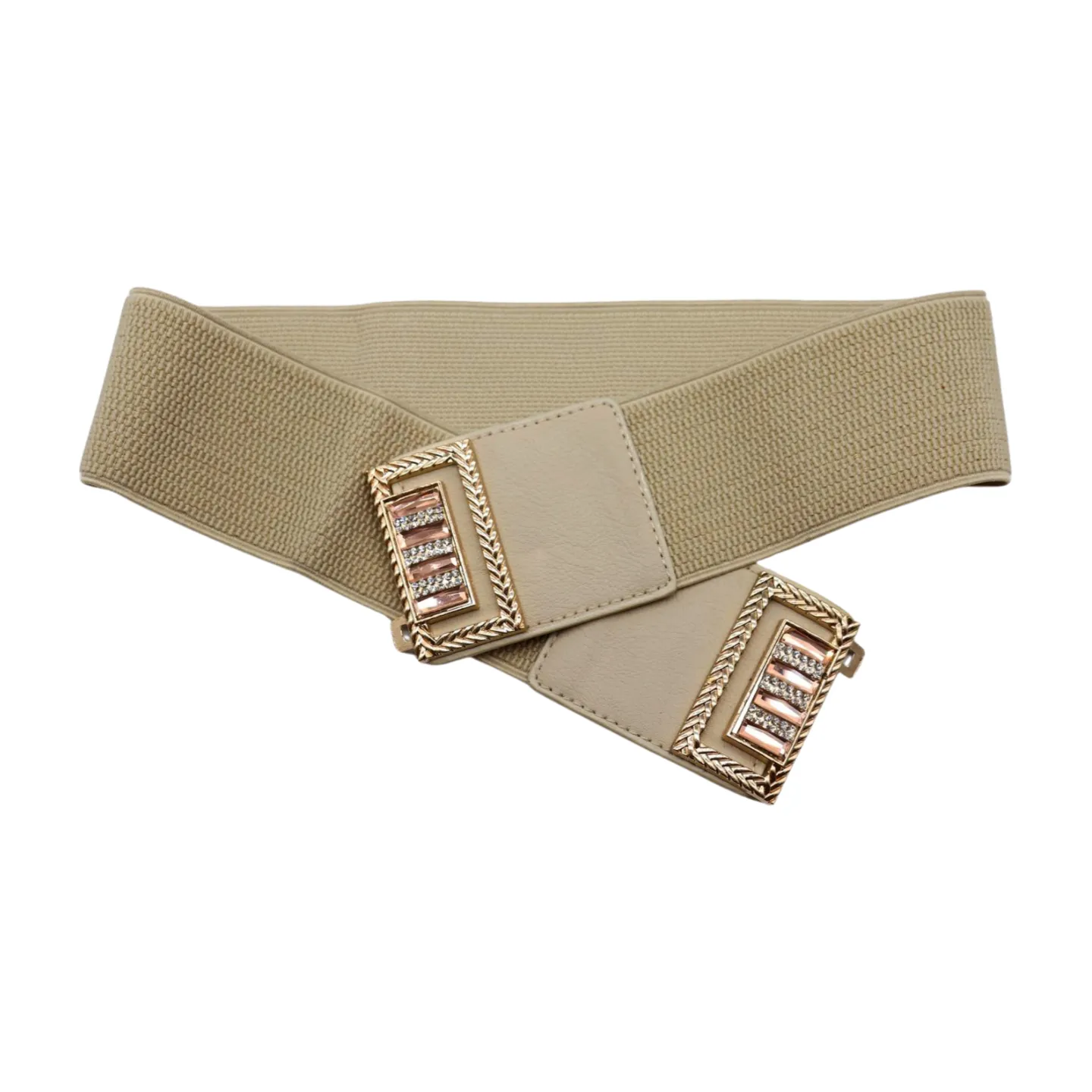 New Women Ivory Cream Elastic Fashion Belt Gold Bling Square Buckle S M