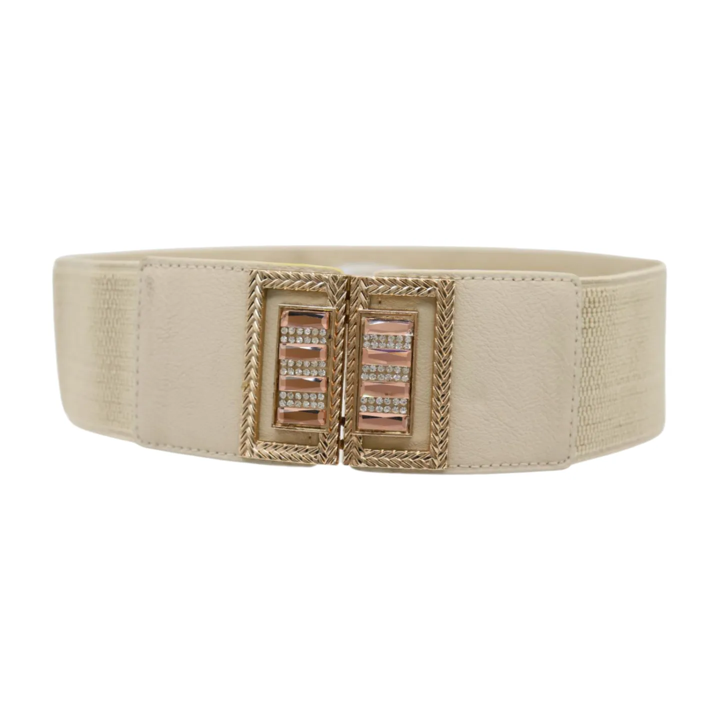 New Women Ivory Cream Elastic Fashion Belt Gold Bling Square Buckle S M