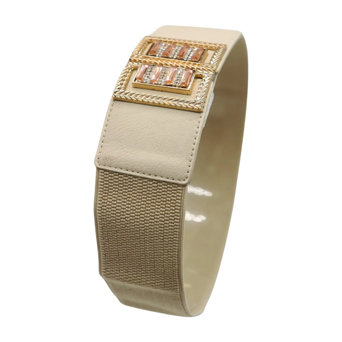 New Women Ivory Cream Elastic Fashion Belt Gold Bling Square Buckle S M