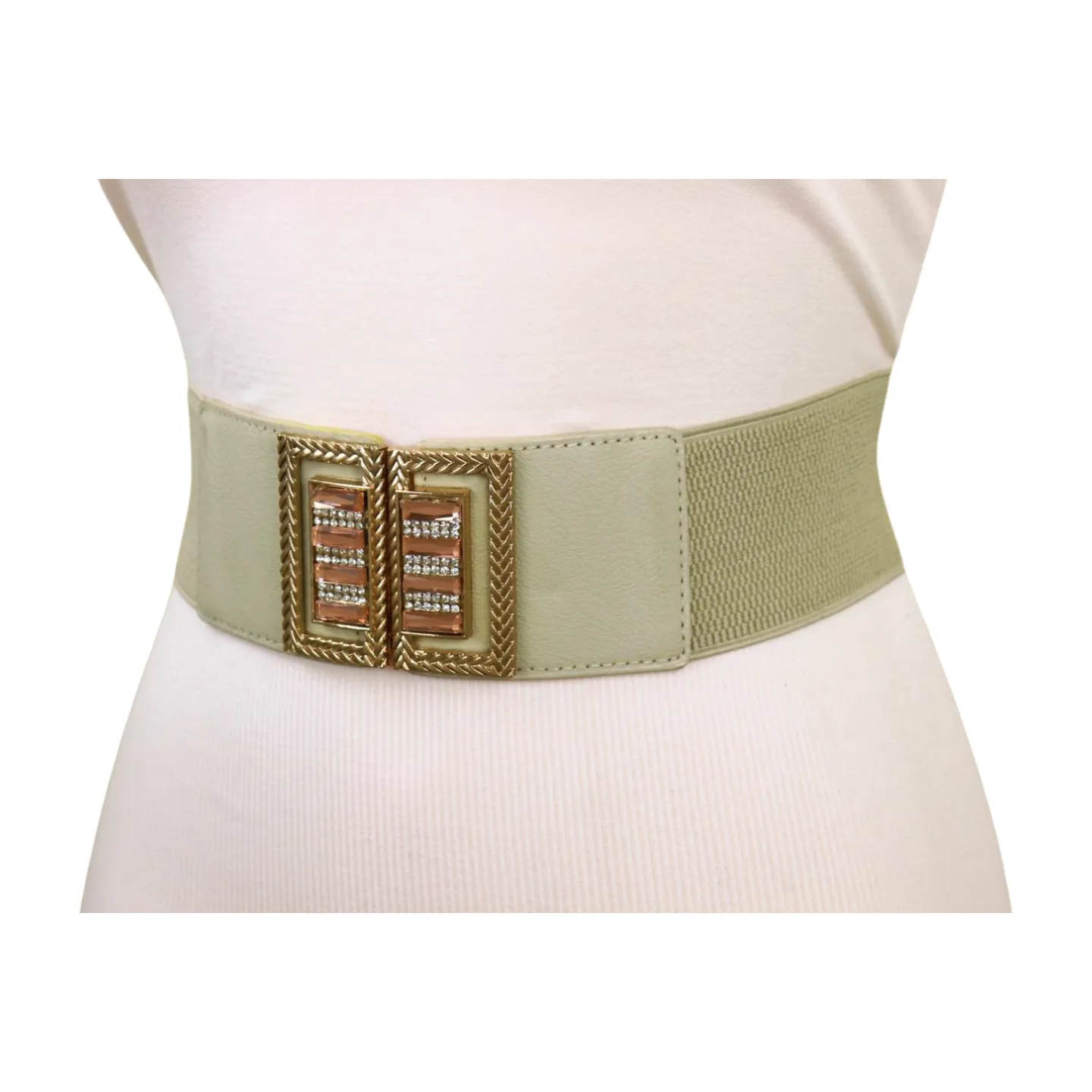 New Women Ivory Cream Elastic Fashion Belt Gold Bling Square Buckle S M
