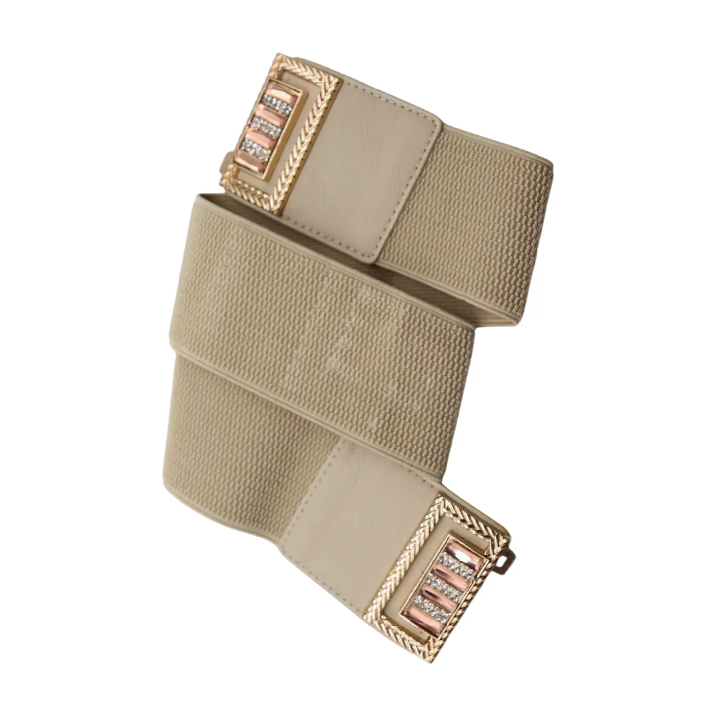 New Women Ivory Cream Elastic Fashion Belt Gold Bling Square Buckle S M