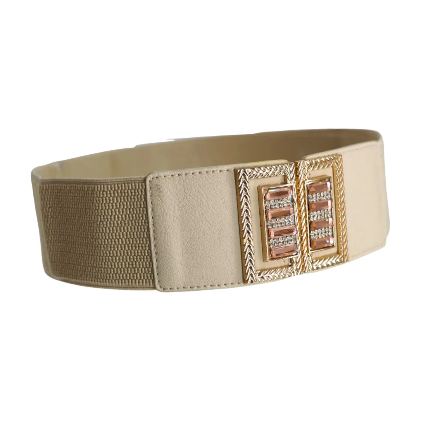 New Women Ivory Cream Elastic Fashion Belt Gold Bling Square Buckle S M