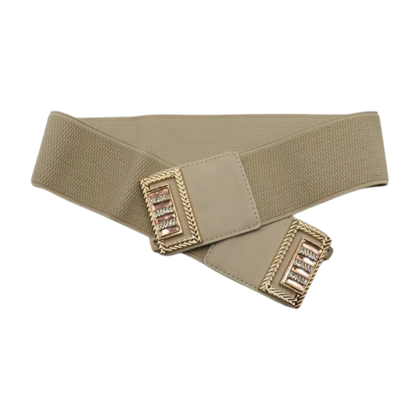 New Women Ivory Cream Elastic Fashion Belt Gold Bling Square Buckle S M