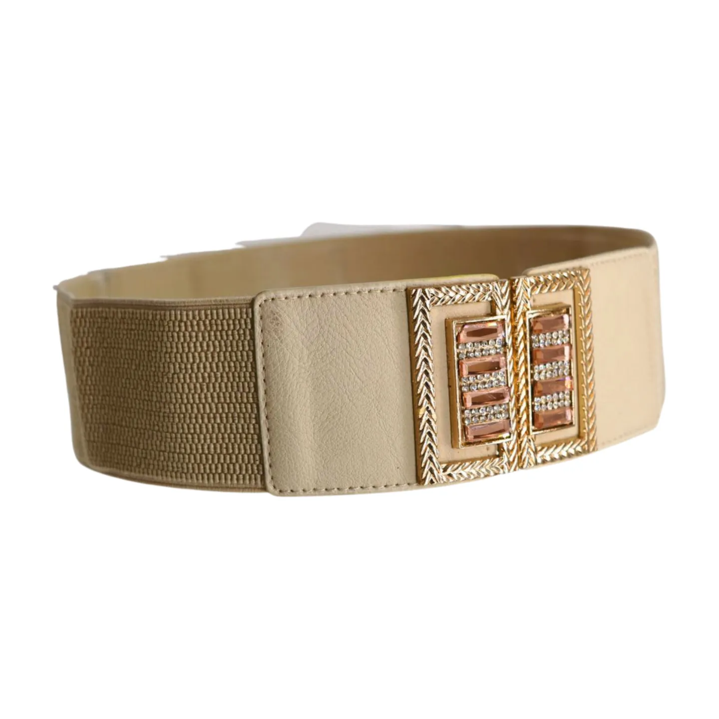 New Women Ivory Cream Elastic Fashion Belt Gold Bling Square Buckle S M