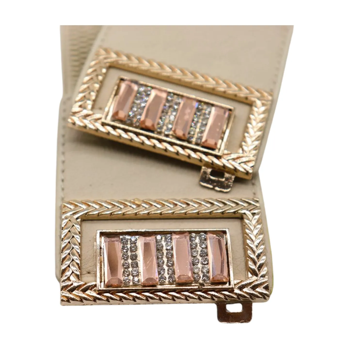 New Women Ivory Cream Elastic Fashion Belt Gold Bling Square Buckle S M
