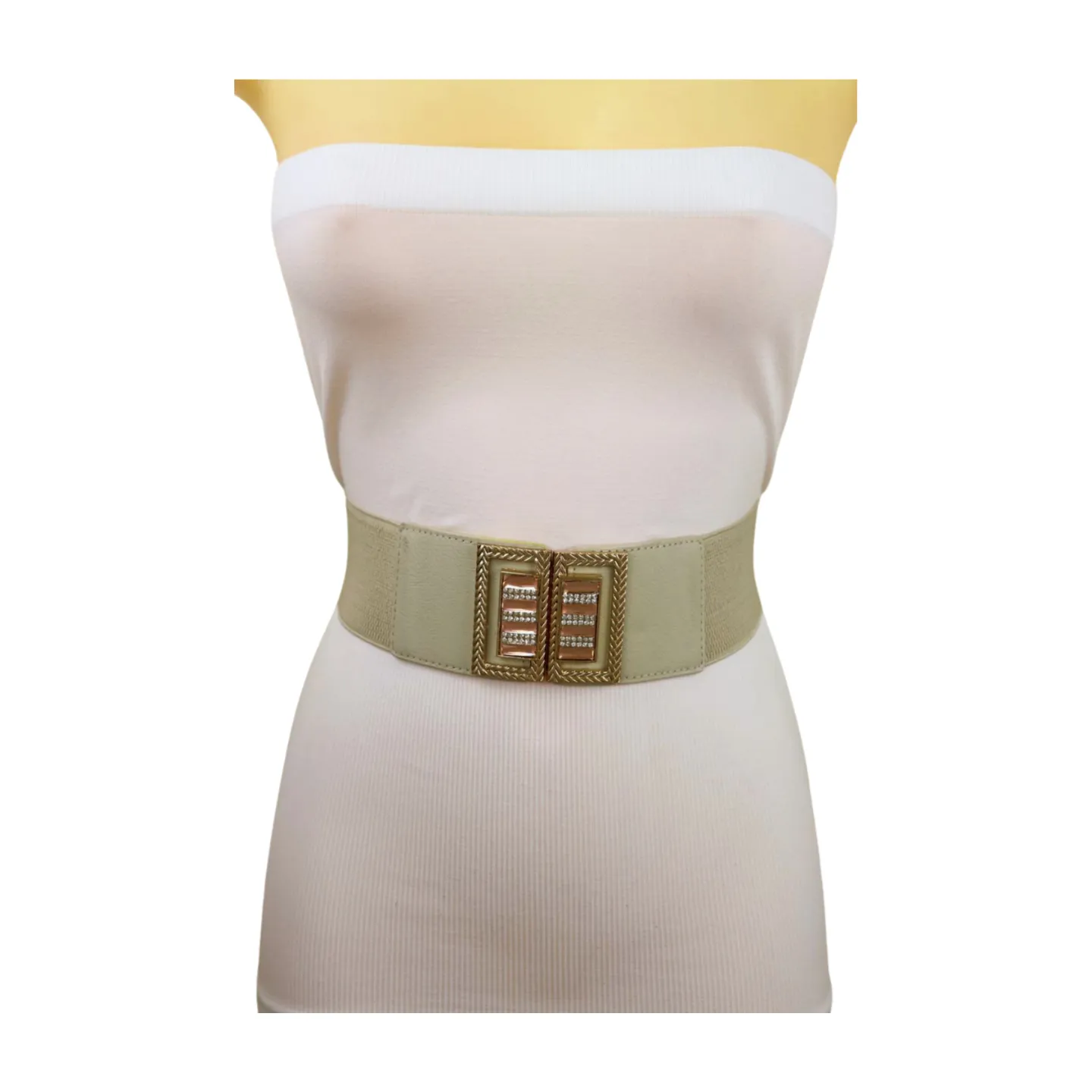 New Women Ivory Cream Elastic Fashion Belt Gold Bling Square Buckle S M