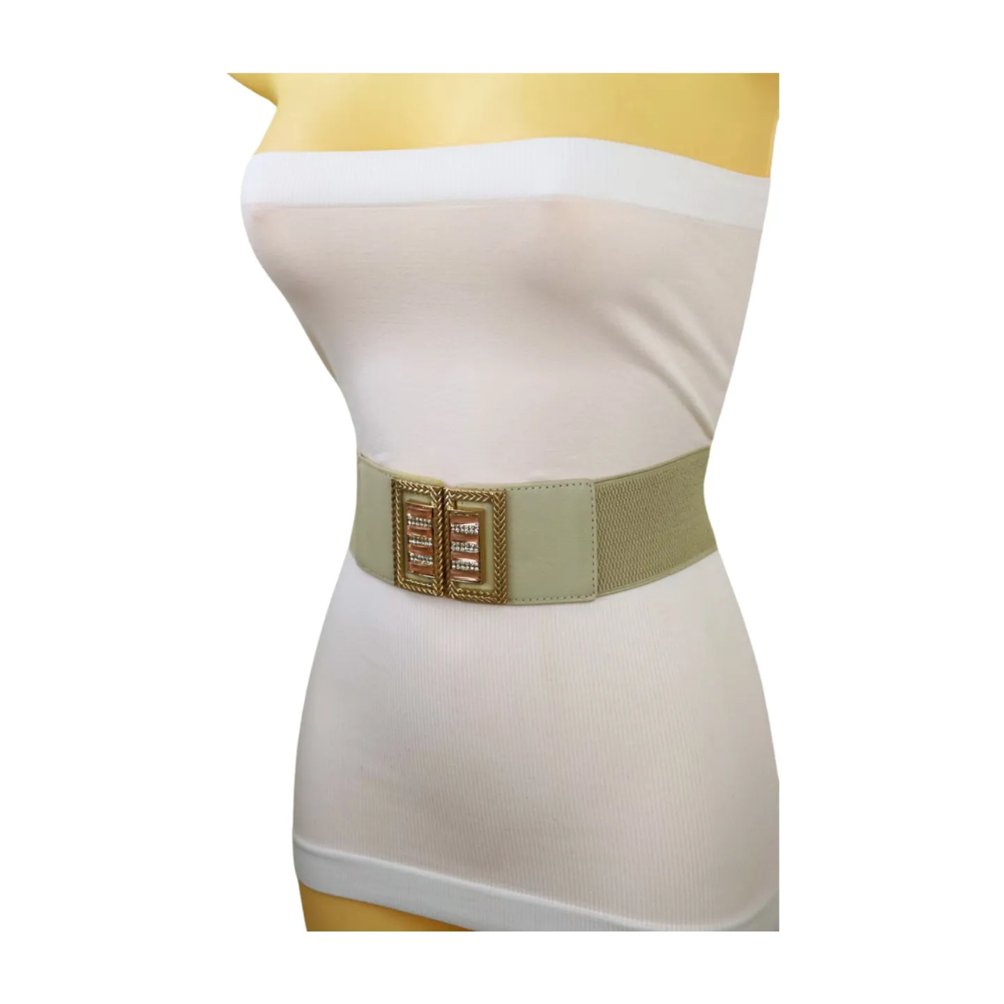 New Women Ivory Cream Elastic Fashion Belt Gold Bling Square Buckle S M