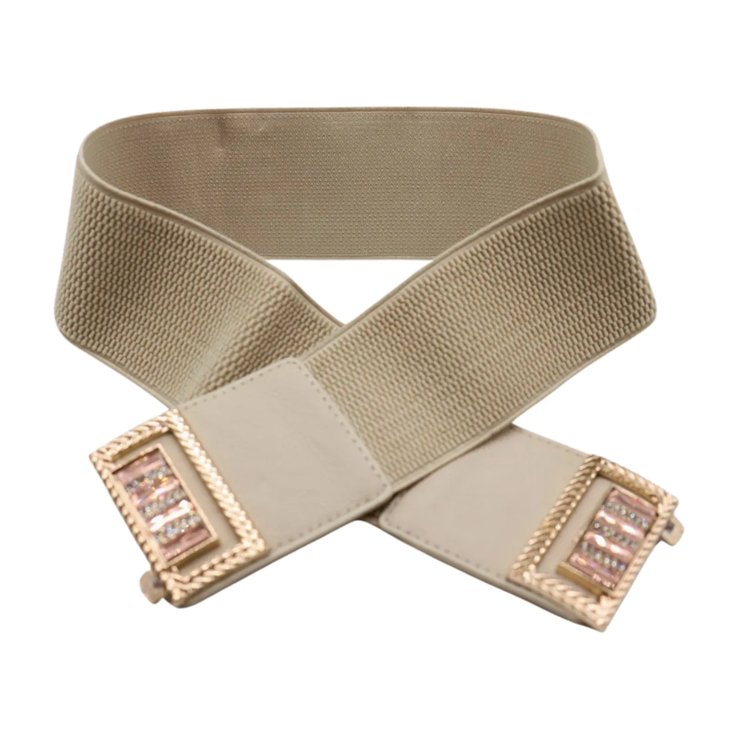 New Women Ivory Cream Elastic Fashion Belt Gold Bling Square Buckle S M