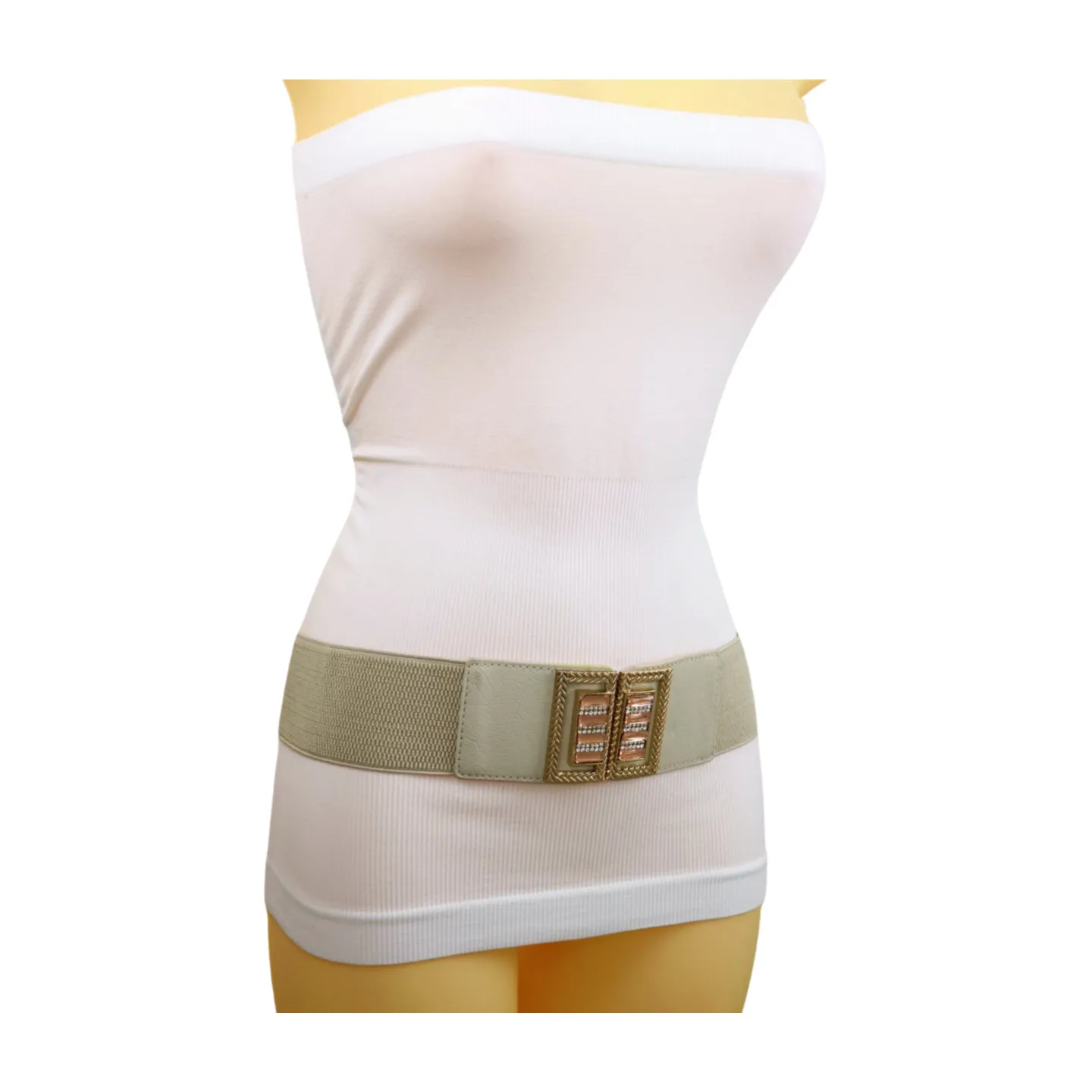 New Women Ivory Cream Elastic Fashion Belt Gold Bling Square Buckle S M
