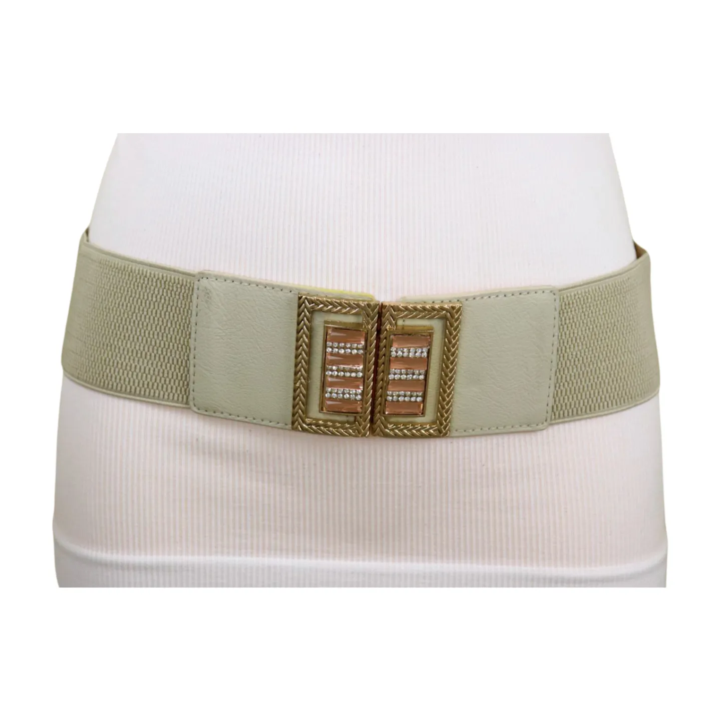 New Women Ivory Cream Elastic Fashion Belt Gold Bling Square Buckle S M