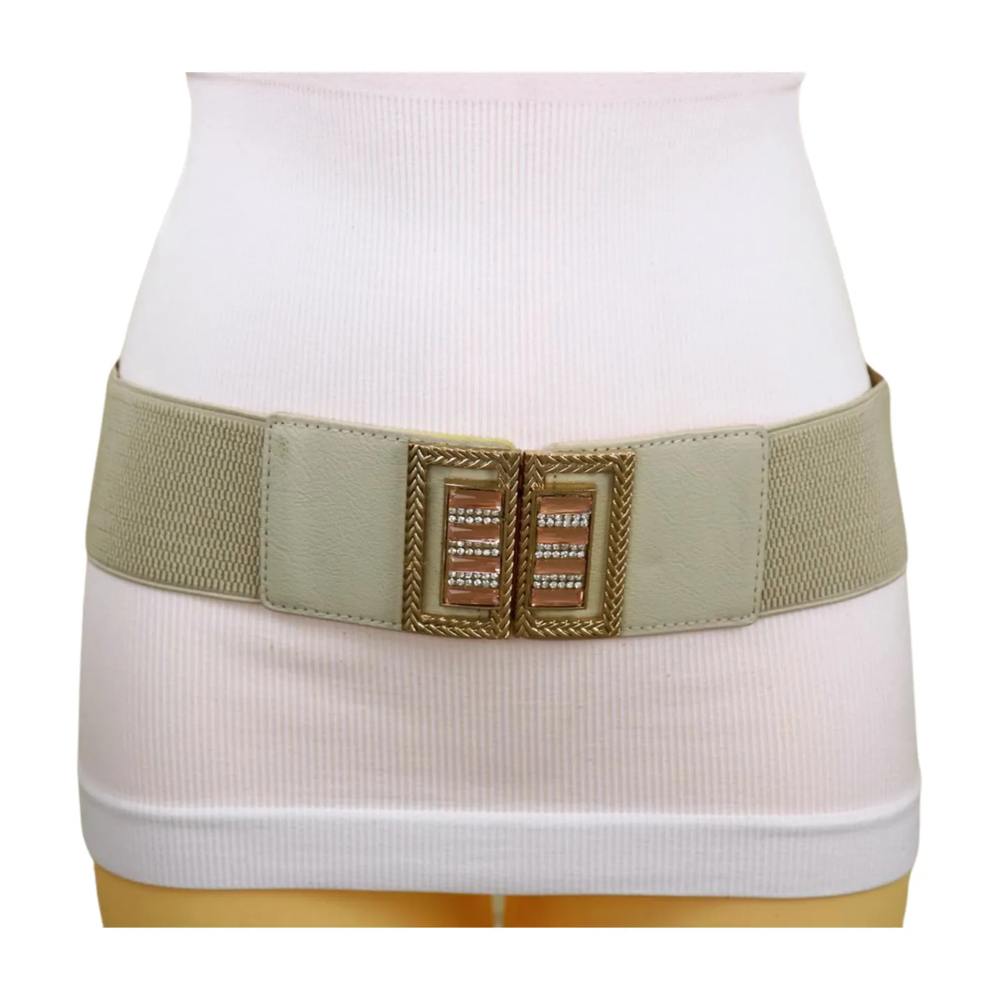 New Women Ivory Cream Elastic Fashion Belt Gold Bling Square Buckle S M