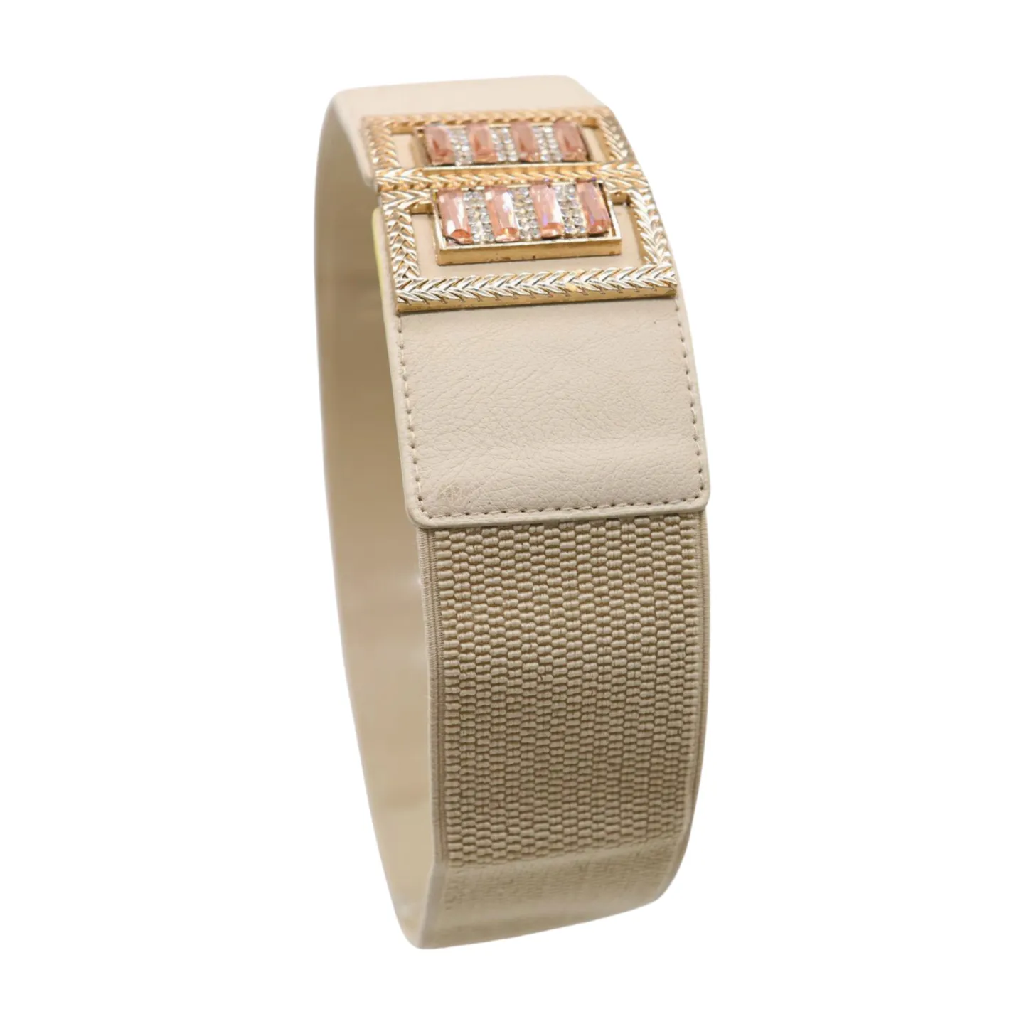 New Women Ivory Cream Elastic Fashion Belt Gold Bling Square Buckle S M