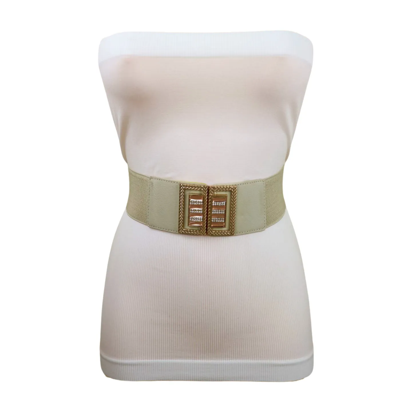 New Women Ivory Cream Elastic Fashion Belt Gold Bling Square Buckle S M