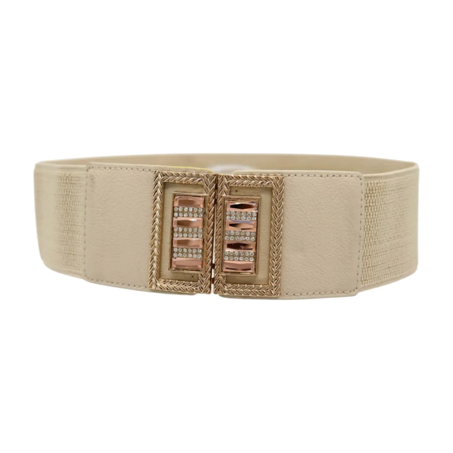 New Women Ivory Cream Elastic Fashion Belt Gold Bling Square Buckle S M