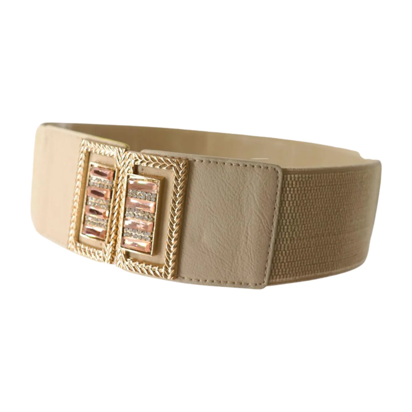 New Women Ivory Cream Elastic Fashion Belt Gold Bling Square Buckle S M