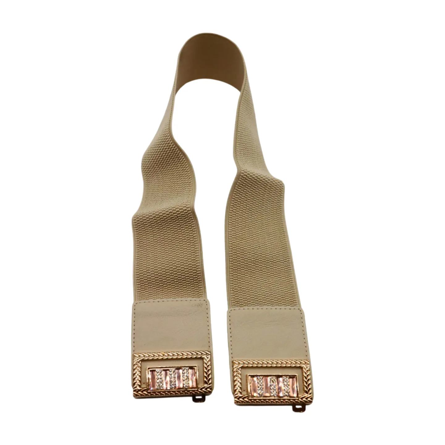 New Women Ivory Cream Elastic Fashion Belt Gold Bling Square Buckle S M